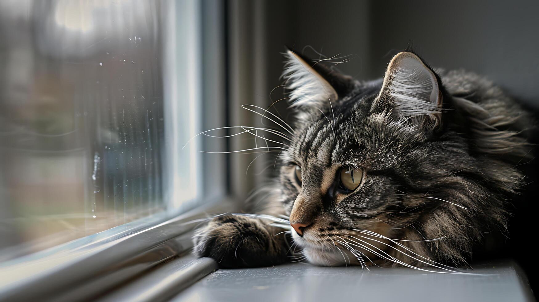 ai genererad fluffig tabby katt ringlad upp förbi de fönster badade i mjuk naturlig ljus gazing nyfiket in i de distans foto