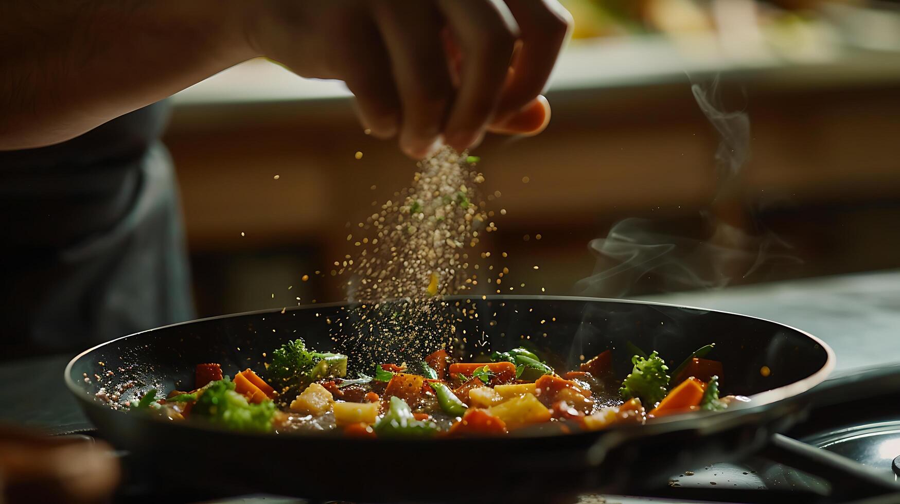 ai genererad kock strössel örter på gourmet maträtt med elegant tabell miljö badade i mjuk naturlig ljus foto