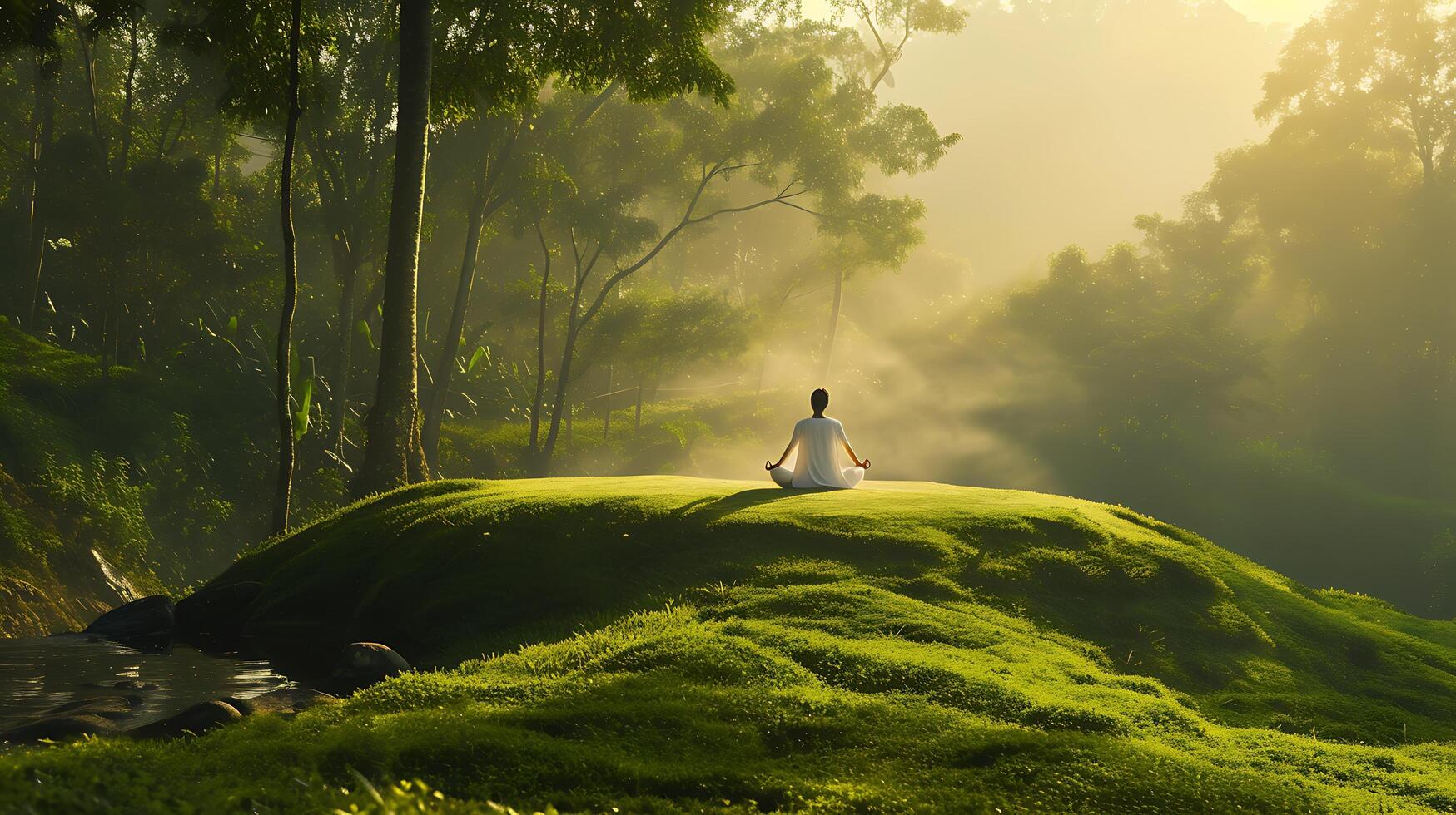 ai genererad morgon- yoga lugn lugn sluttning öva i gyllene solljus dimmig dal och harmoni med natur foto