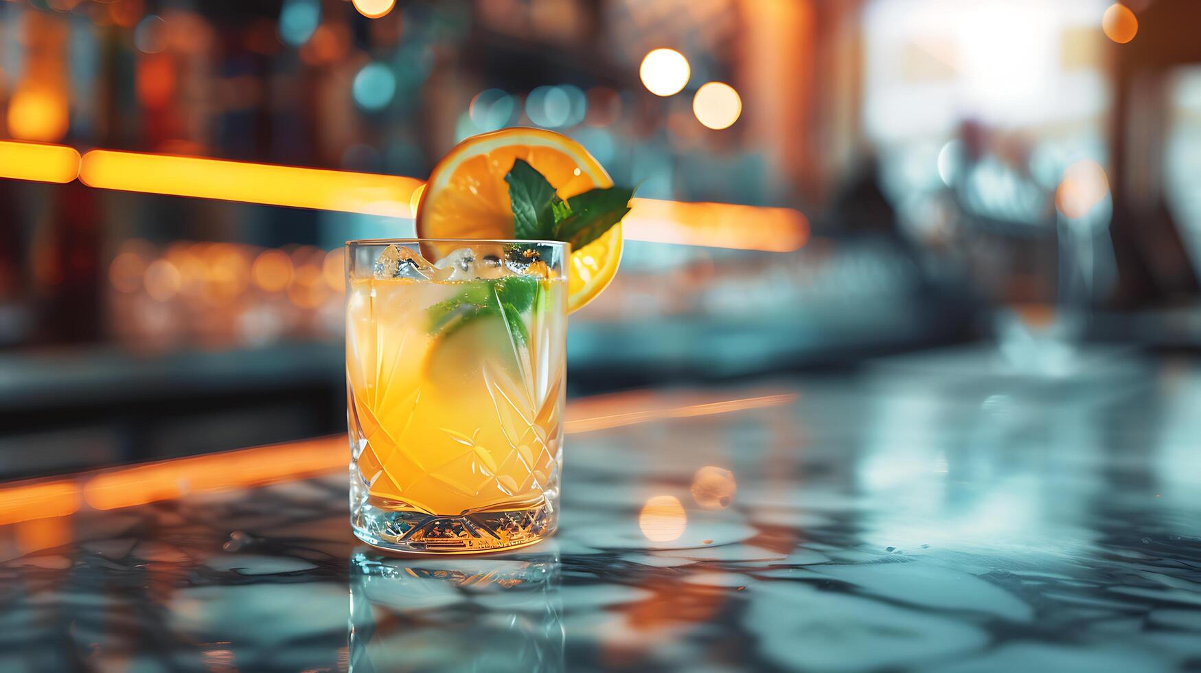 ai genererad uppfriskande citrus- mynta cocktail lyser på marmor disken i närbild skott foto