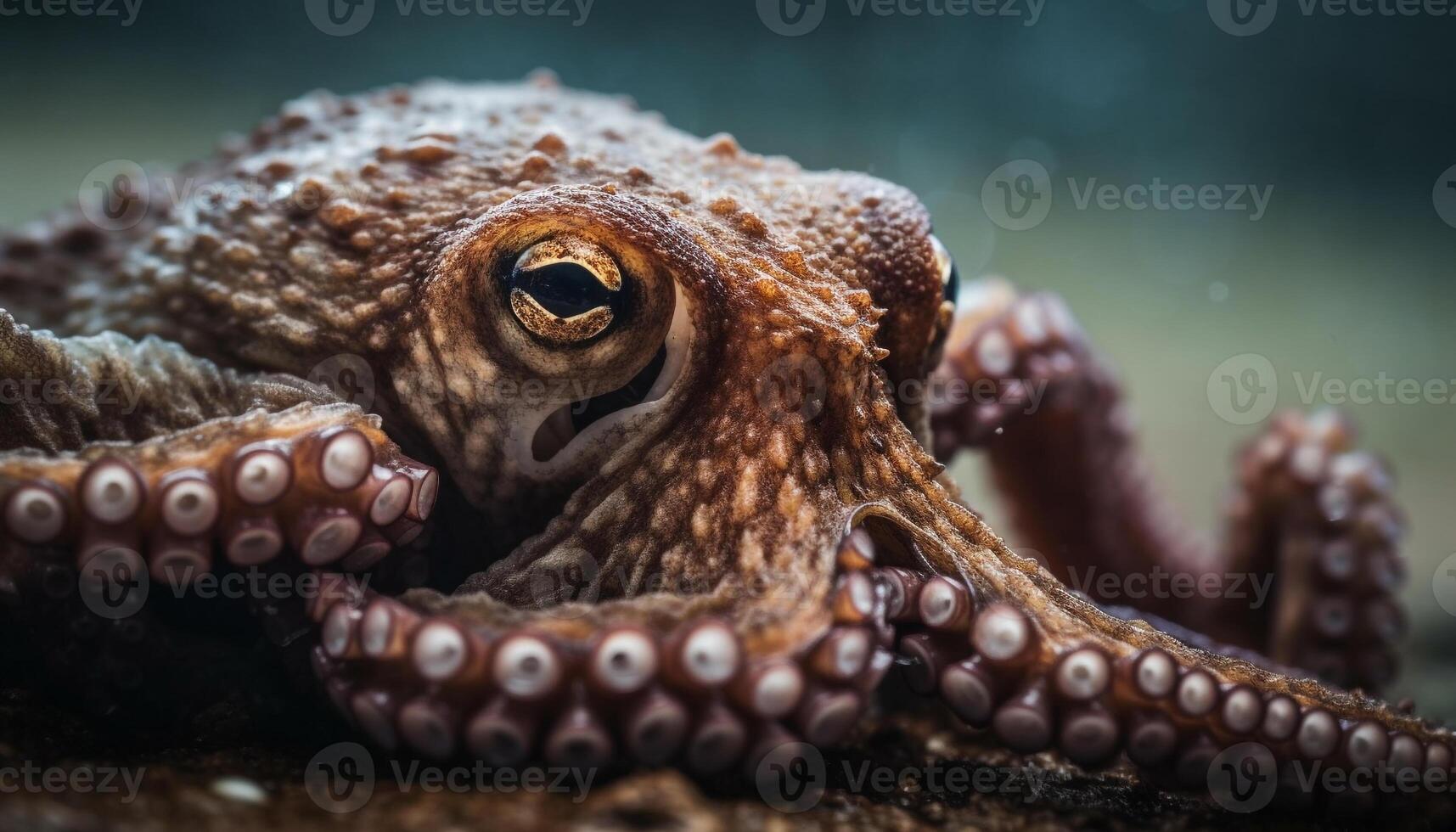 ai genererad under vattnet, stänga upp av bläckfisk, tentakel, ser på kamera genererad förbi ai foto