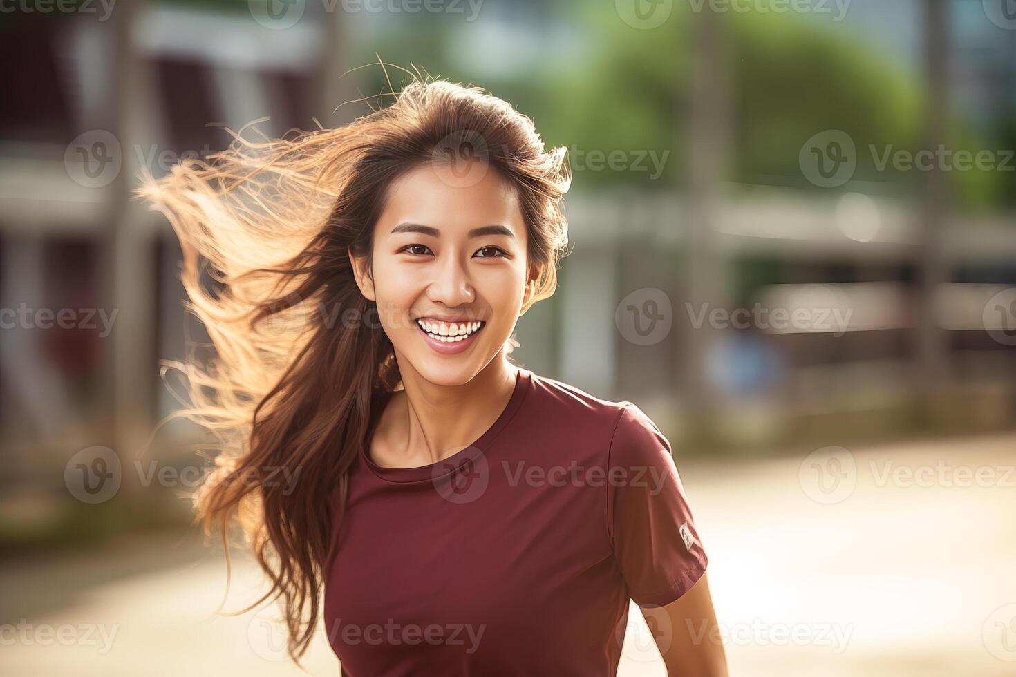 ai genererad Lycklig och friska asiatisk ung kvinna löpning och joggning foto