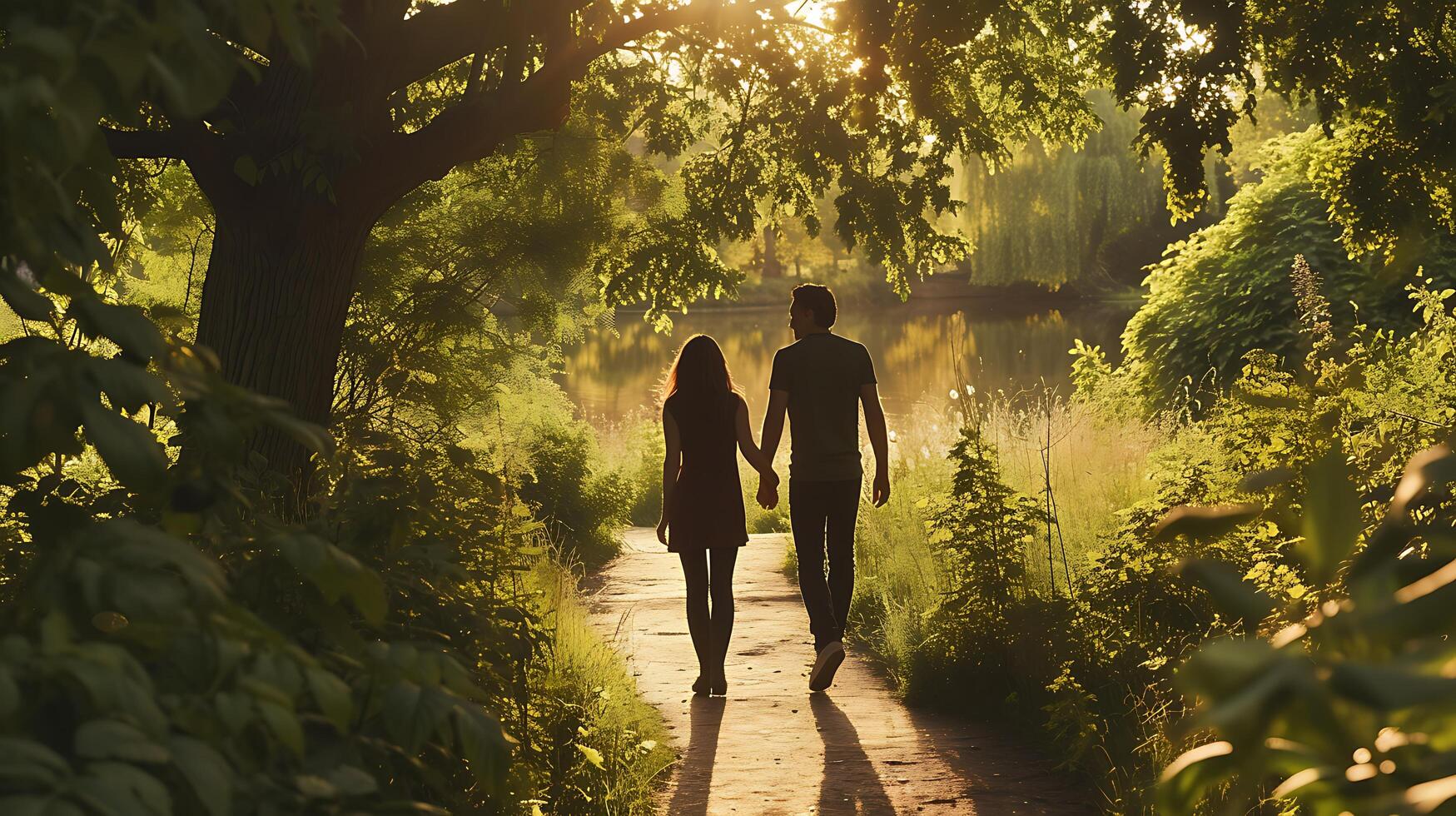 ai genererad romantisk solnedgång promenad ung par promenader längs sandig strand med hav och avlägsen ö i bakgrund foto