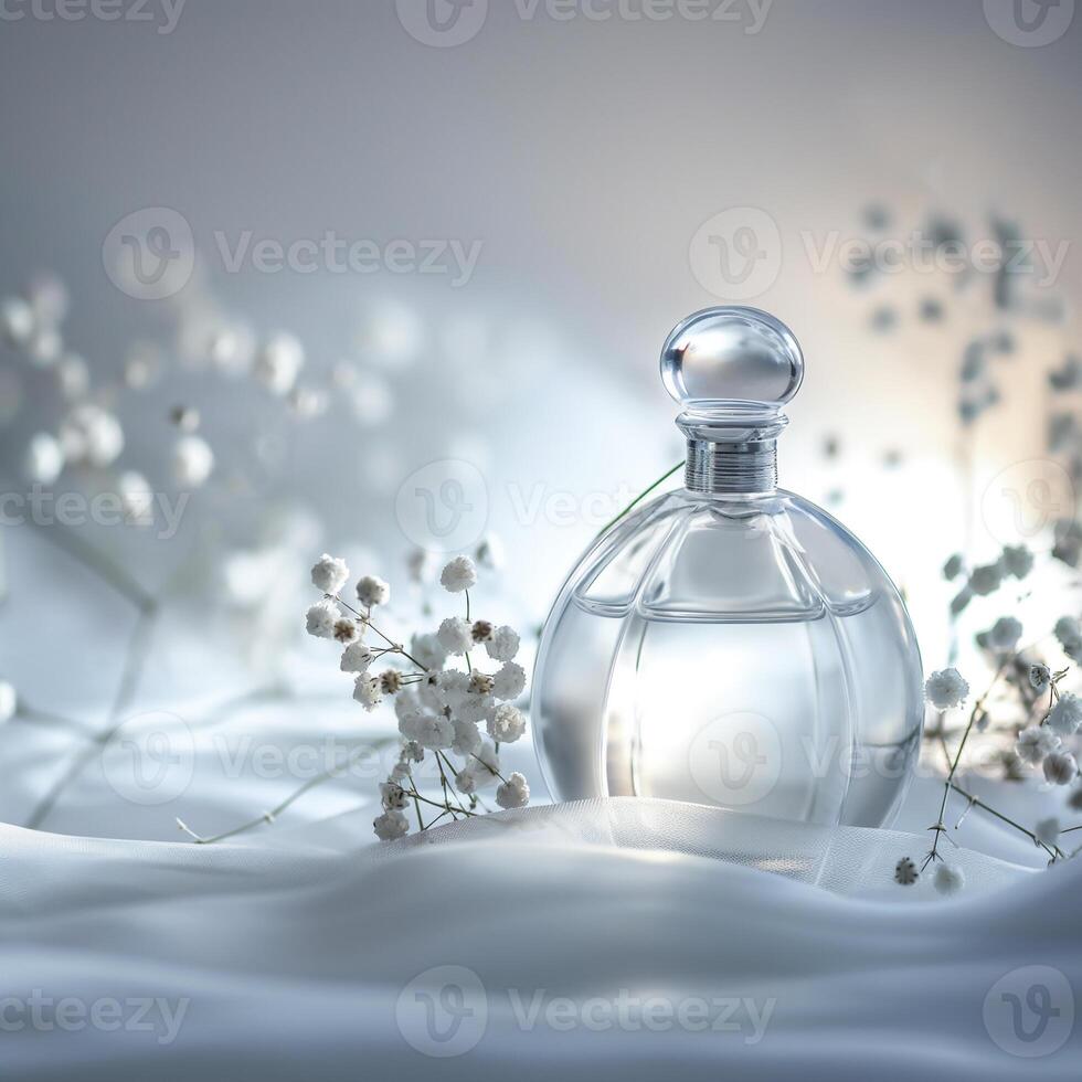 ai genererad drömmande parfym flaska med mjuk fokus. mild glöd. blommig Rör. ai genererad. foto