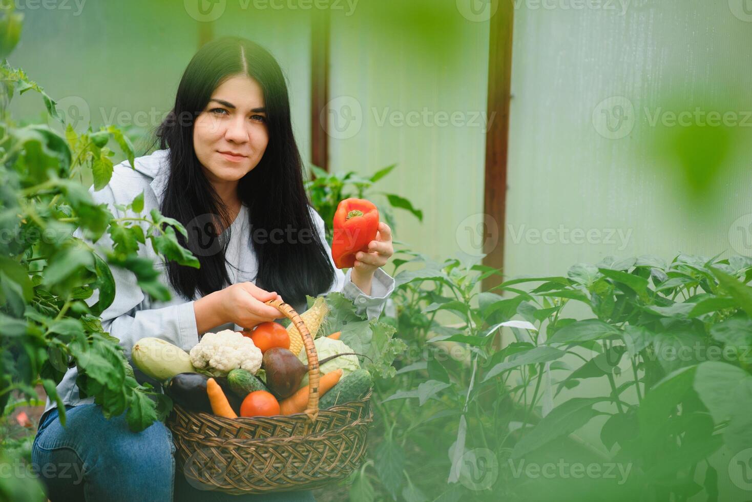 ung kvinna i tar vård av färsk vegetabiliska organisk i trä stil korg förbereda tjänande skörda förbi en söt Söt flicka i hydroponiska odla, växthus foto
