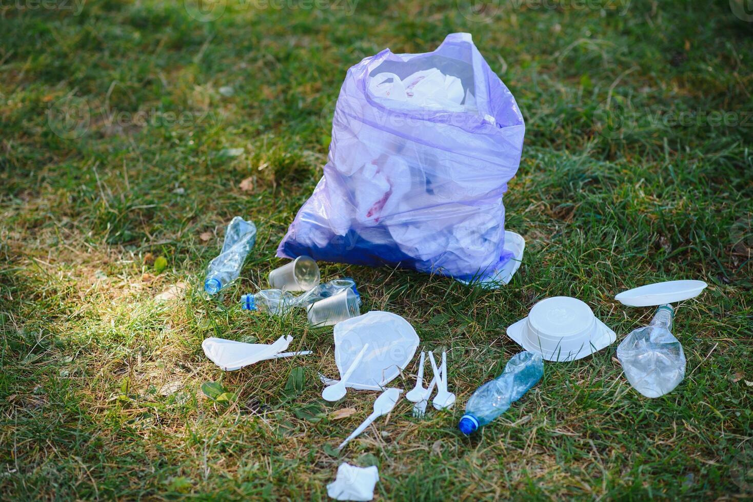 en lugg av plast på grön gräs, en problem i de naturlig miljö, förorening av natur är inte sönderfallande plast. skydd av natur. foto