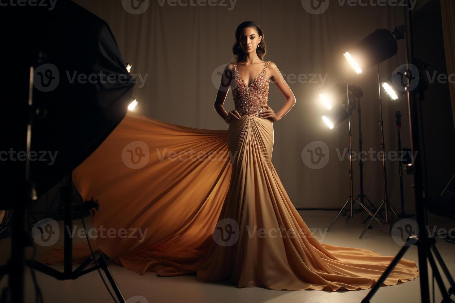 ai genererad elegant kväll klänning i hög mode fotografering med glamorös modell på glansig mode filma foto