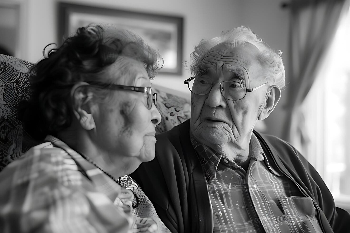 ai genererad en svart och vit fotografera fångande en anbud ögonblick mellan två äldre individer, reflekterande en livstid av delad upplevelser foto
