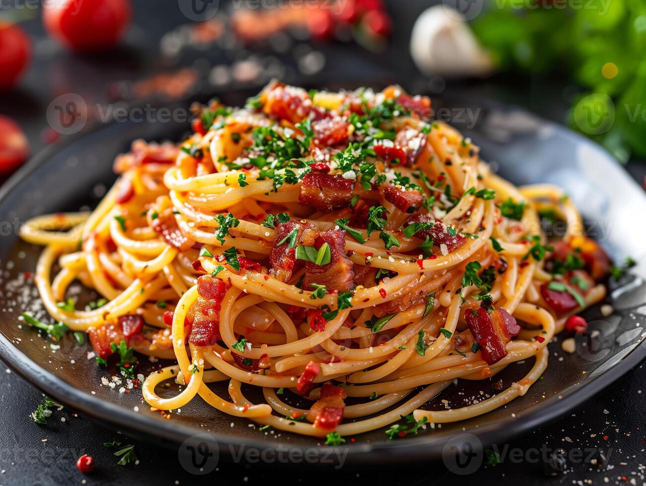 ai genererad ett aptitlig tallrik av spaghetti med Krispig bacon bitar, garnerad med färsk persilja och en ledtråd av krydda. generativ ai. foto