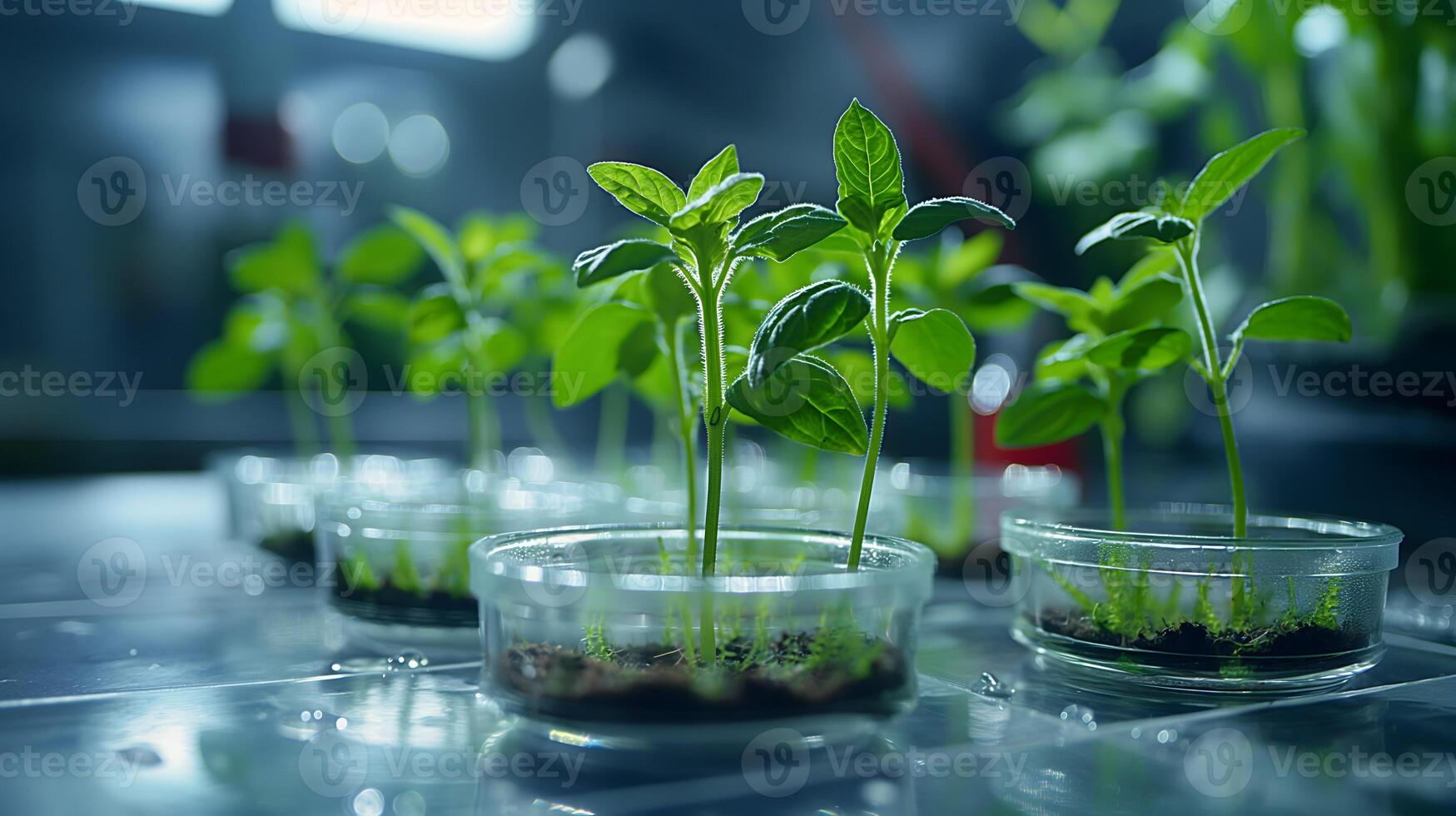 ai genererad ung växter växande i laboratorium miljö foto