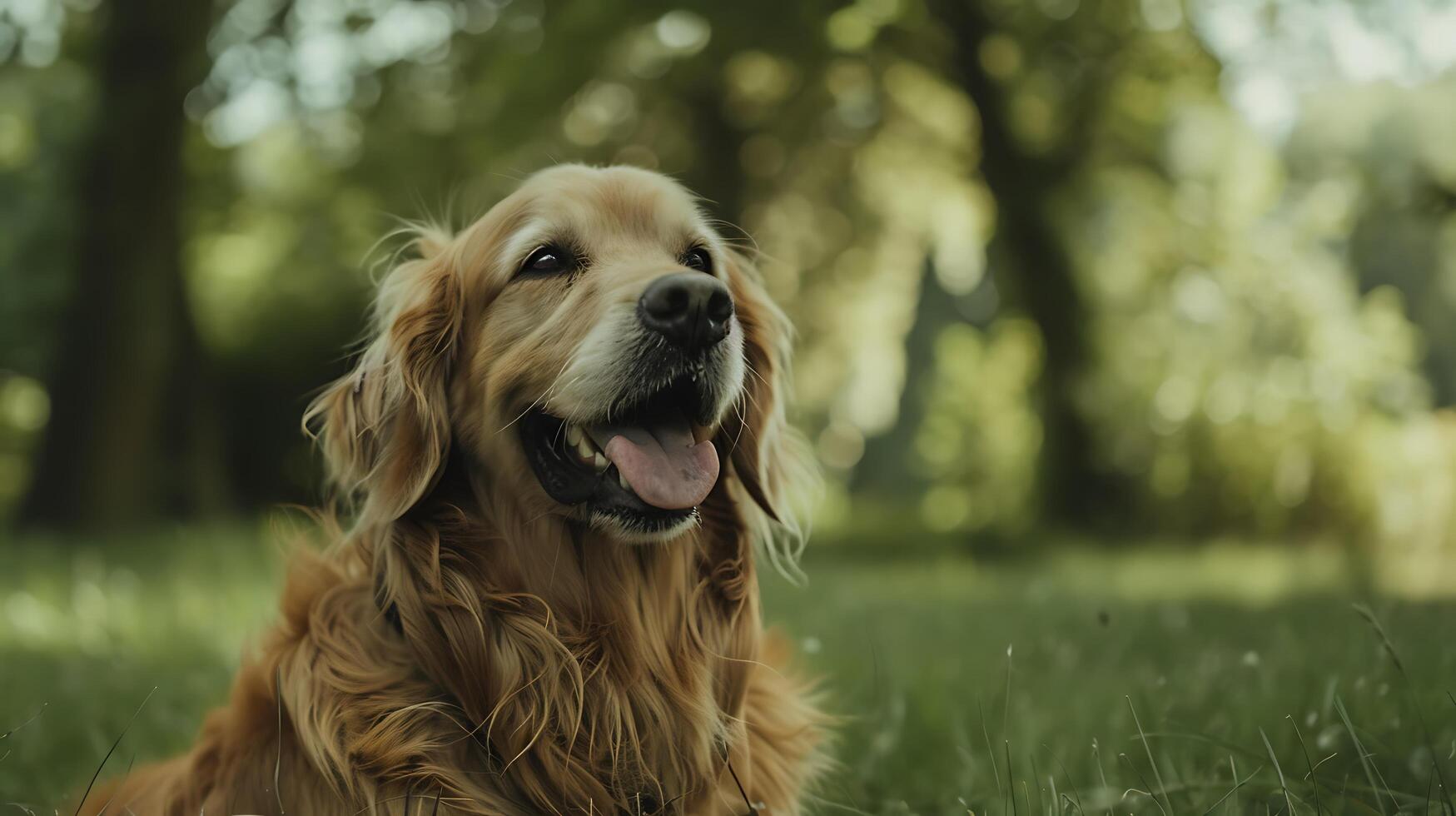 ai genererad gyllene retriever leker i vild blomma fält badade i mjuk naturlig ljus foto