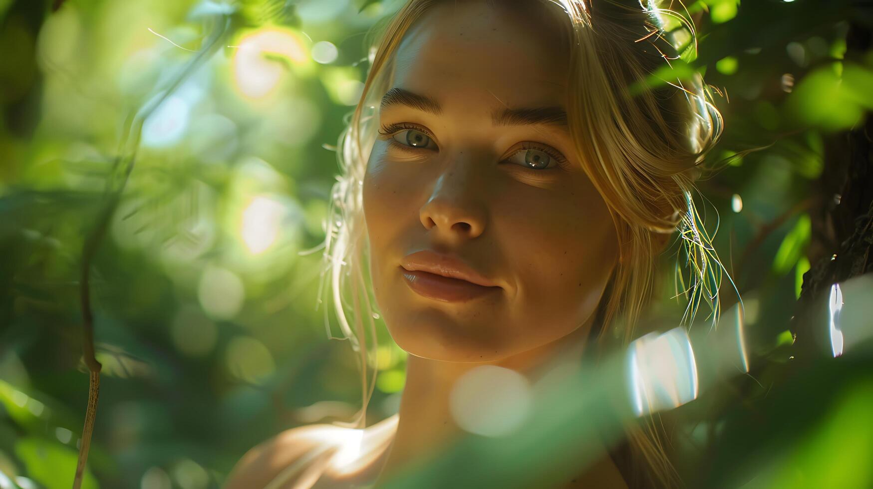 ai genererad skön ung kvinna omfamnar naturer skönhet gående genom frodig skog i brokig solljus foto