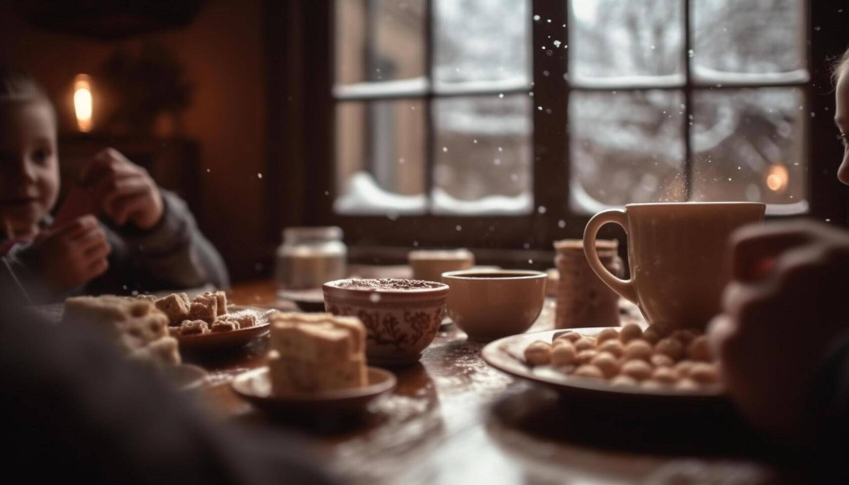 ai genererad män och kvinnor njut av hemlagad efterrätt och varm kaffe inomhus genererad förbi ai foto