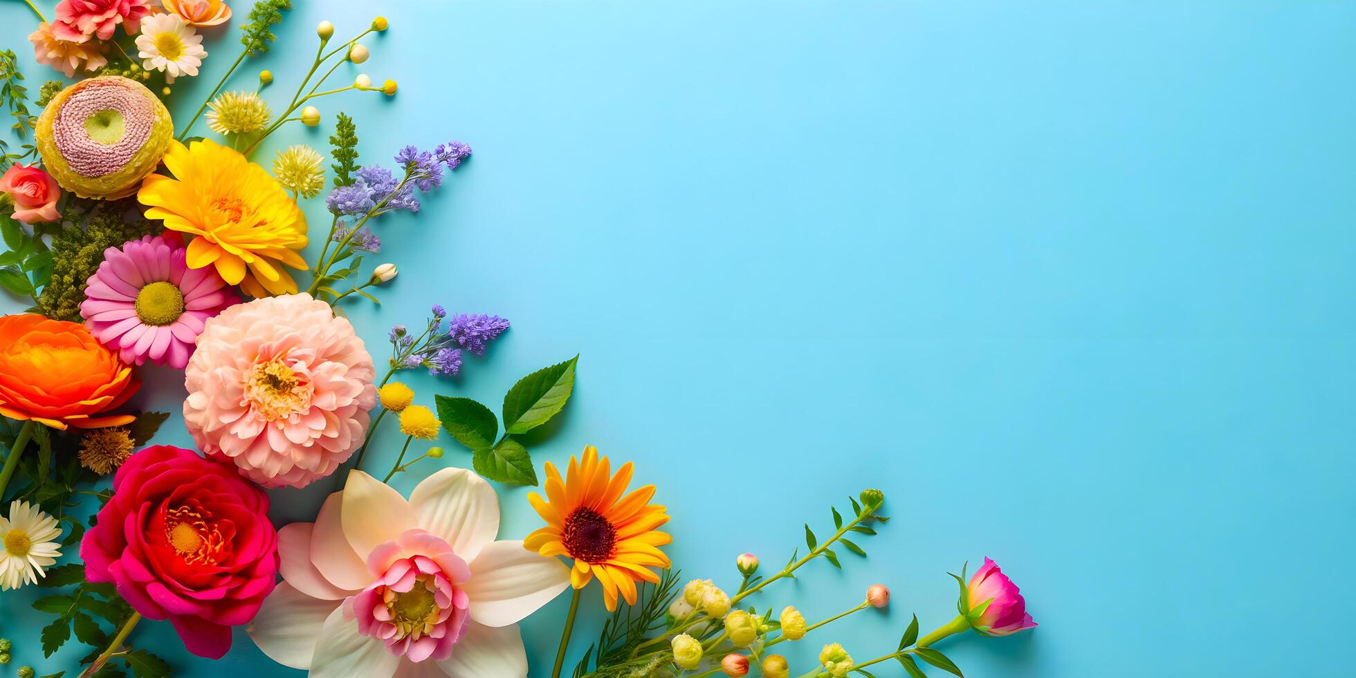 ai genererad blå bakgrund med härlig sommar blommor foto