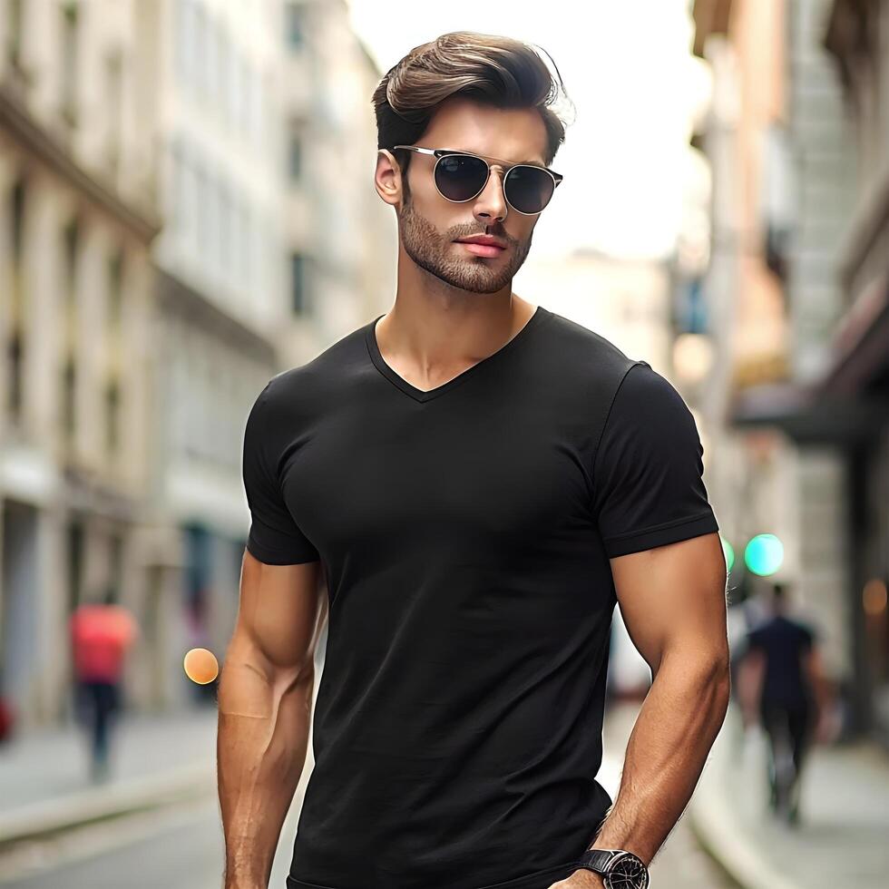 ai genererad en stilig manlig bär en svart t skjorta för attrapp foto