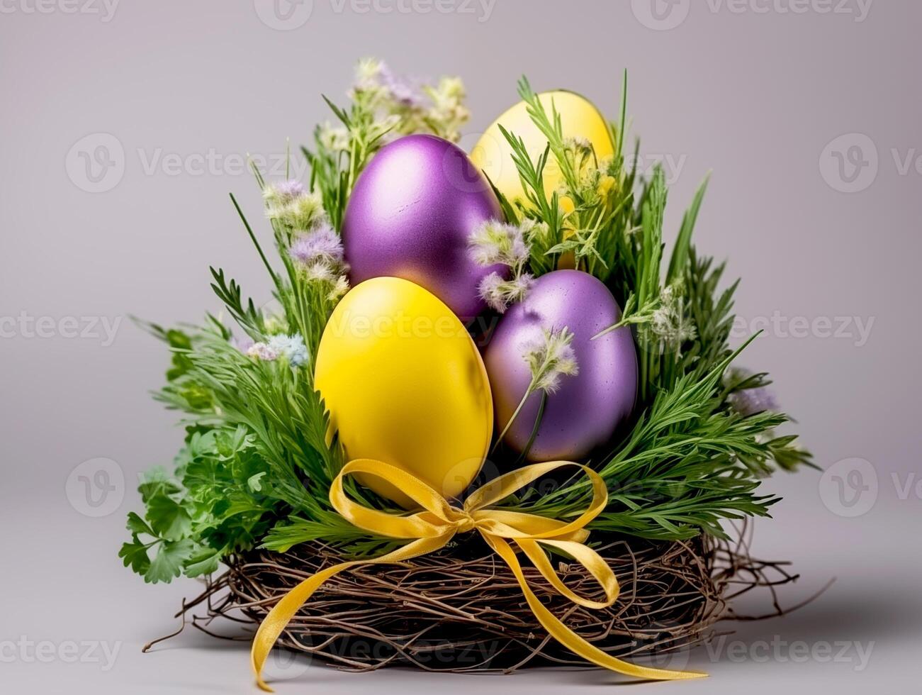 ai genererad närbild. påsk ägg orange och lila liggande i grön gräs i de form av en bo och dekorerad med blommor och en gul rosett från en tunn band foto