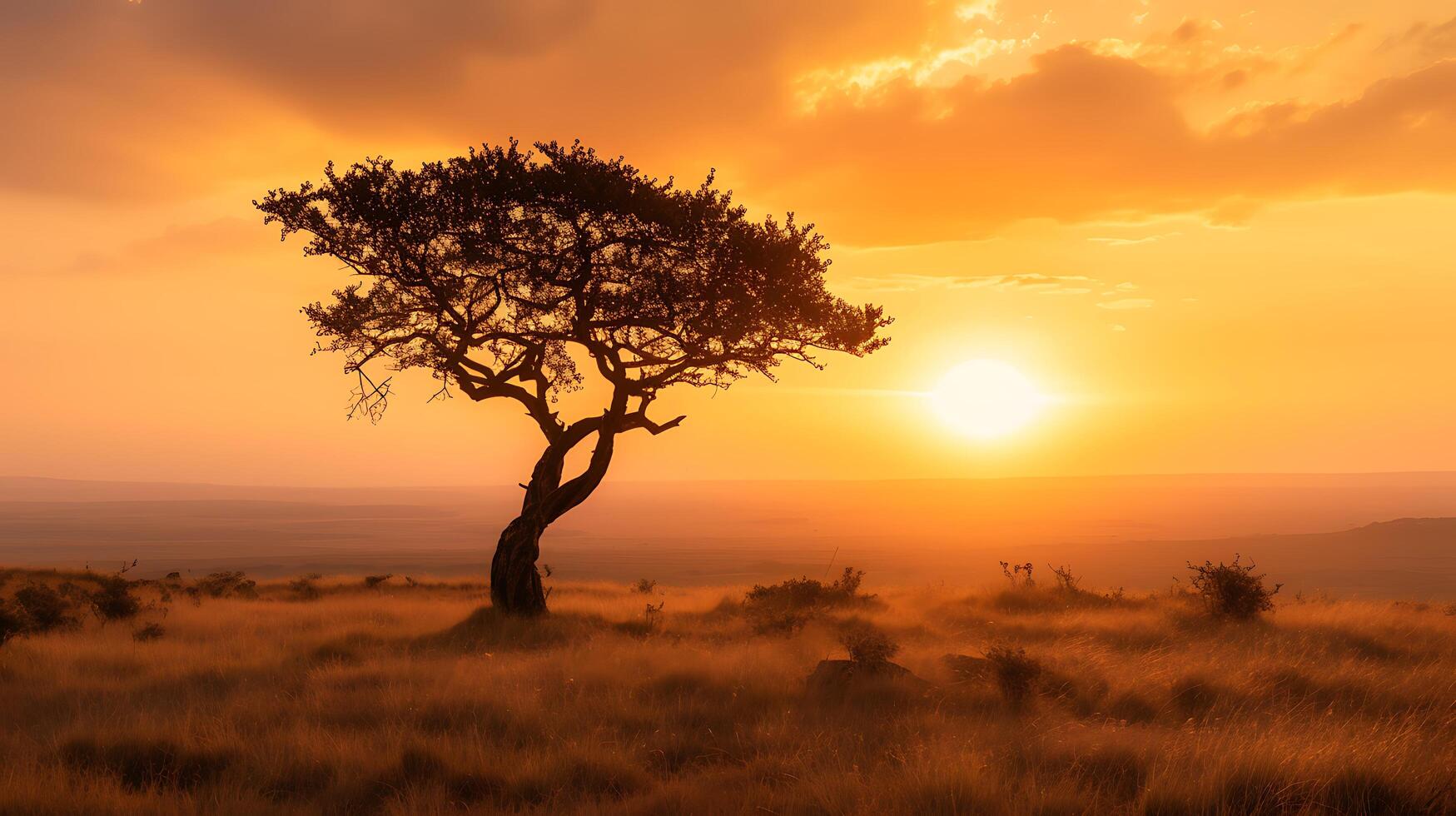 ai genererad uthållig ensam träd står stolt i vindpinad landskap fattande hoppfull glöd av miljö Sol foto