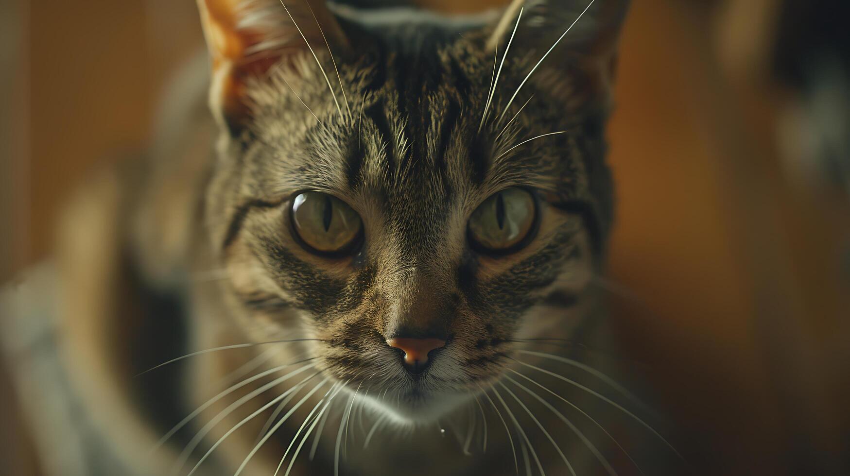 ai genererad nyfiken tabby katt fångad i mjuk naturlig ljus med grund djup av fält använder sig av 50mm lins foto
