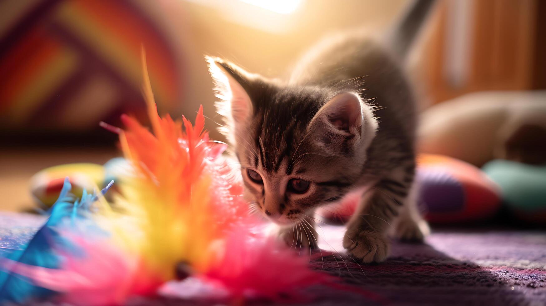ai genererad lekfull kattunge kastar sig på färgrik fjädrar i solbelyst rum förkroppsligande ungdomlig glädje foto