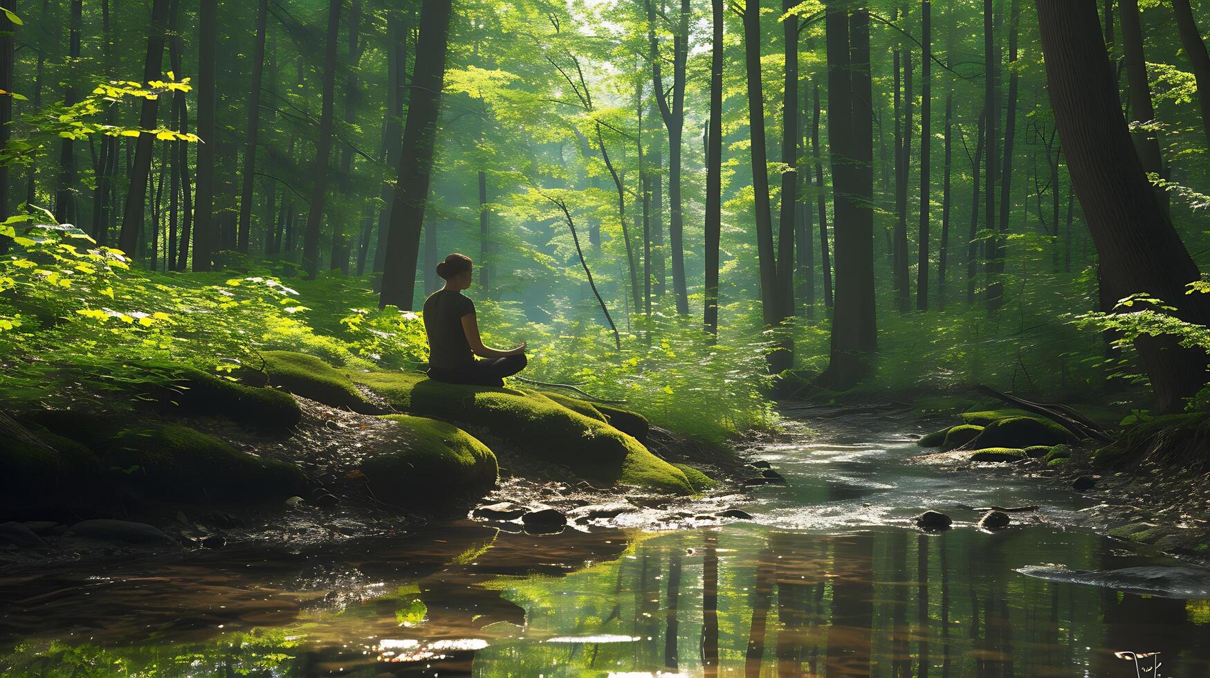 ai genererad lugn skog meditation lugn morgon- solljus vild och naturlig harmoni foto