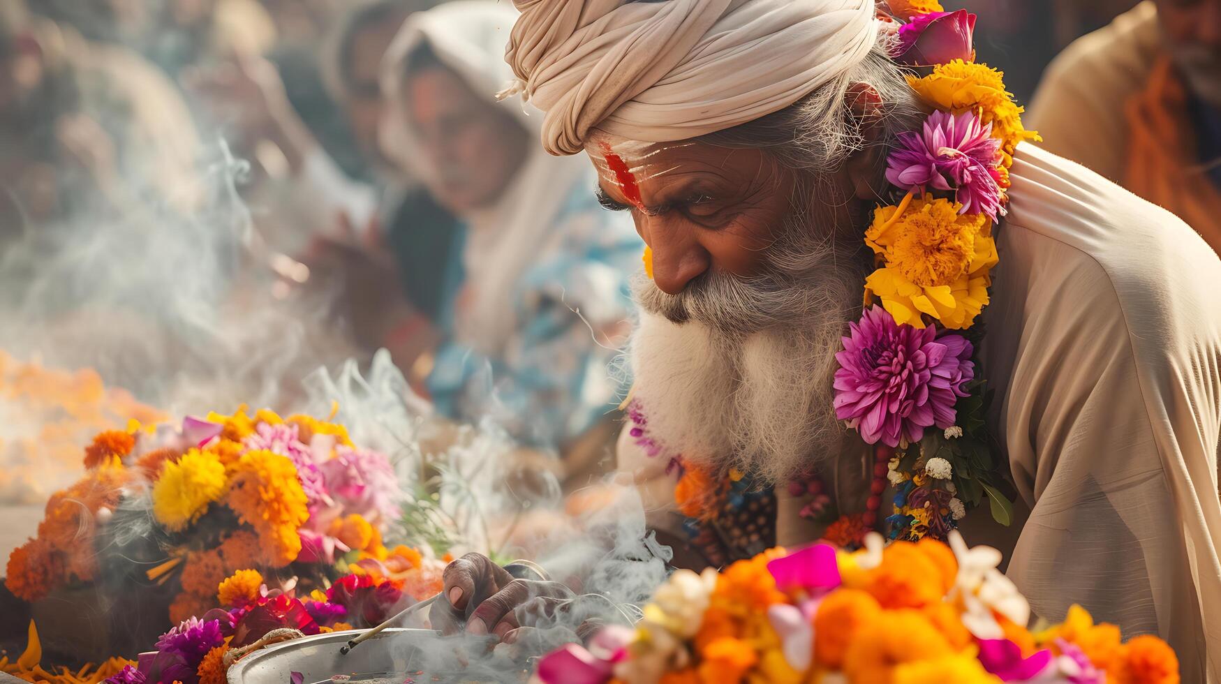 ai genererad traditionell brand ritual hindu präst flimmer lågor färgrik kransar rökelse öppen luft tempel foto