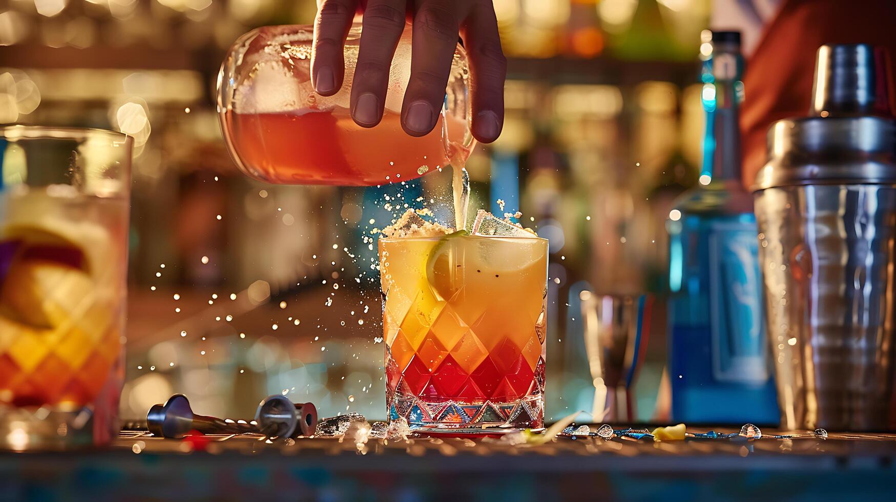 ai genererad bartender sakkunnigt hantverk färgrik cocktail i de eleganta bar atmosfär foto