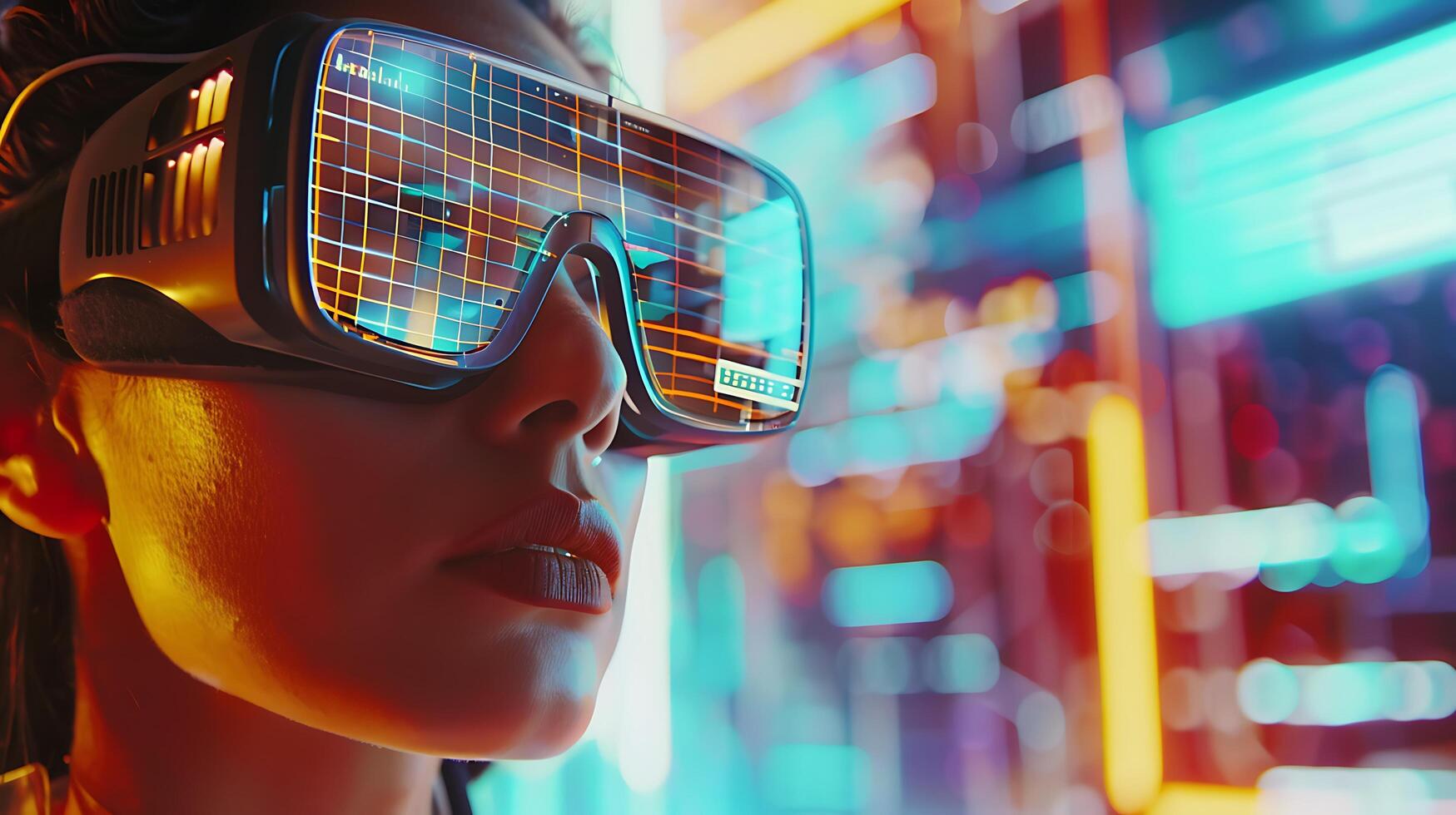 ai genererad uppslukande virtuell verklighet erfarenhet kvinna bär glasögon med trogen digital grafik foto