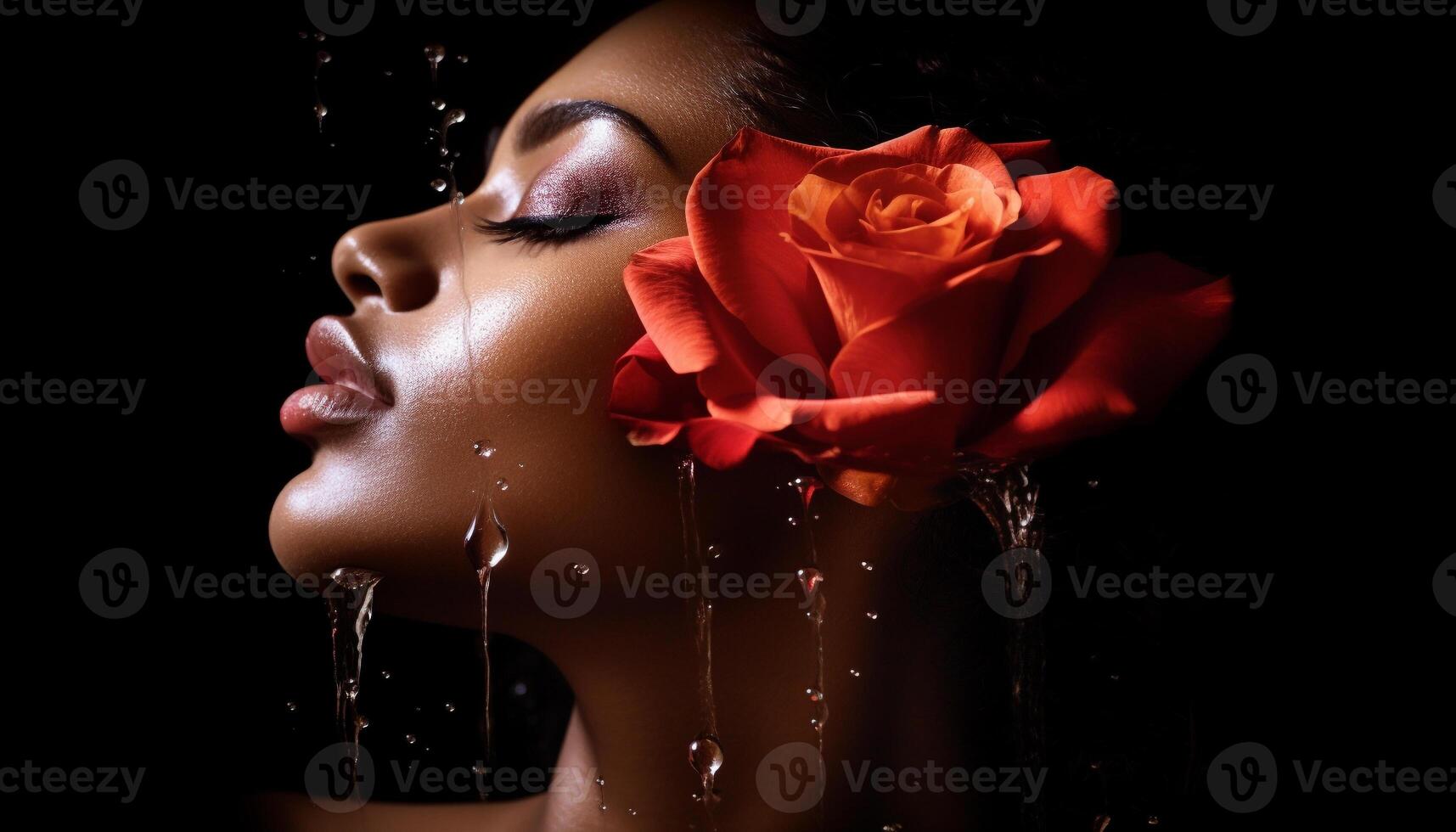 ai genererad ung kvinna ansikte, våt med blomma, utstrålar sensualitet genererad förbi ai foto