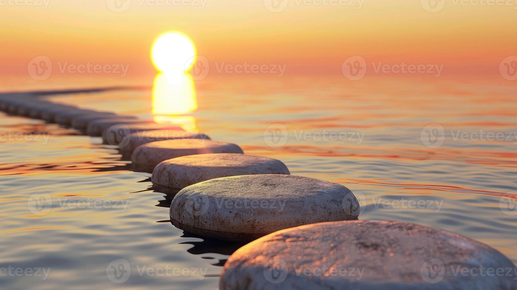 ai genererad gå ombord på en lugn resa längs en zen väg av stenar, upplyst förbi de värma nyanser av solnedgång. lugn utspelar sig, ai genererad. foto