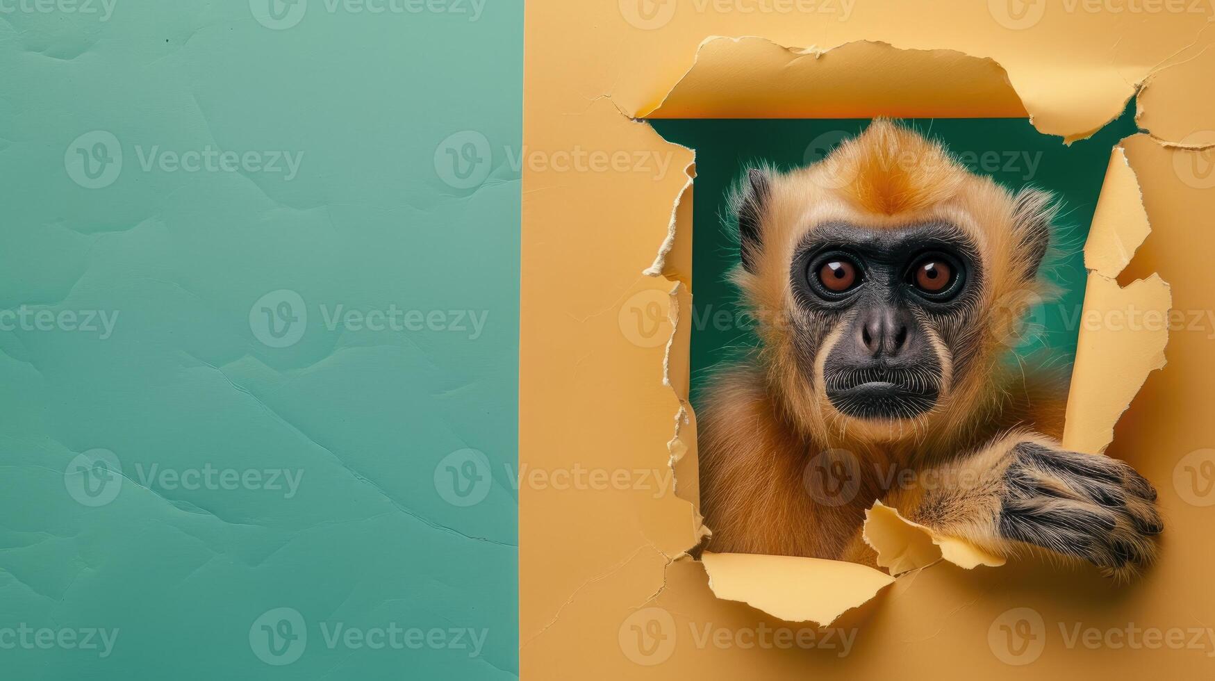 ai genererad en humoristisk gibbon kamrater genom en rev hål i en kontrast pastell Färg papper bakgrund, ai genererad foto