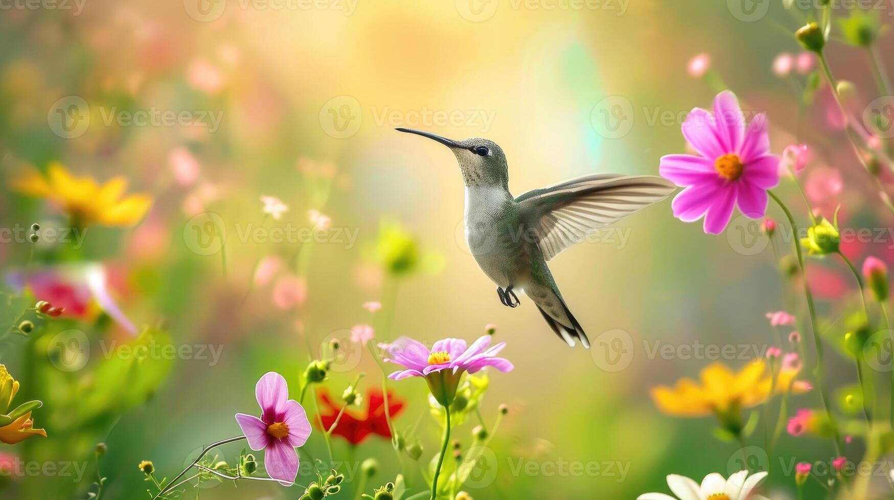 ai genererad graciös kolibri danser mitt i vår blommar, en vibrerande visa av naturens skönhet. ai genererad. foto