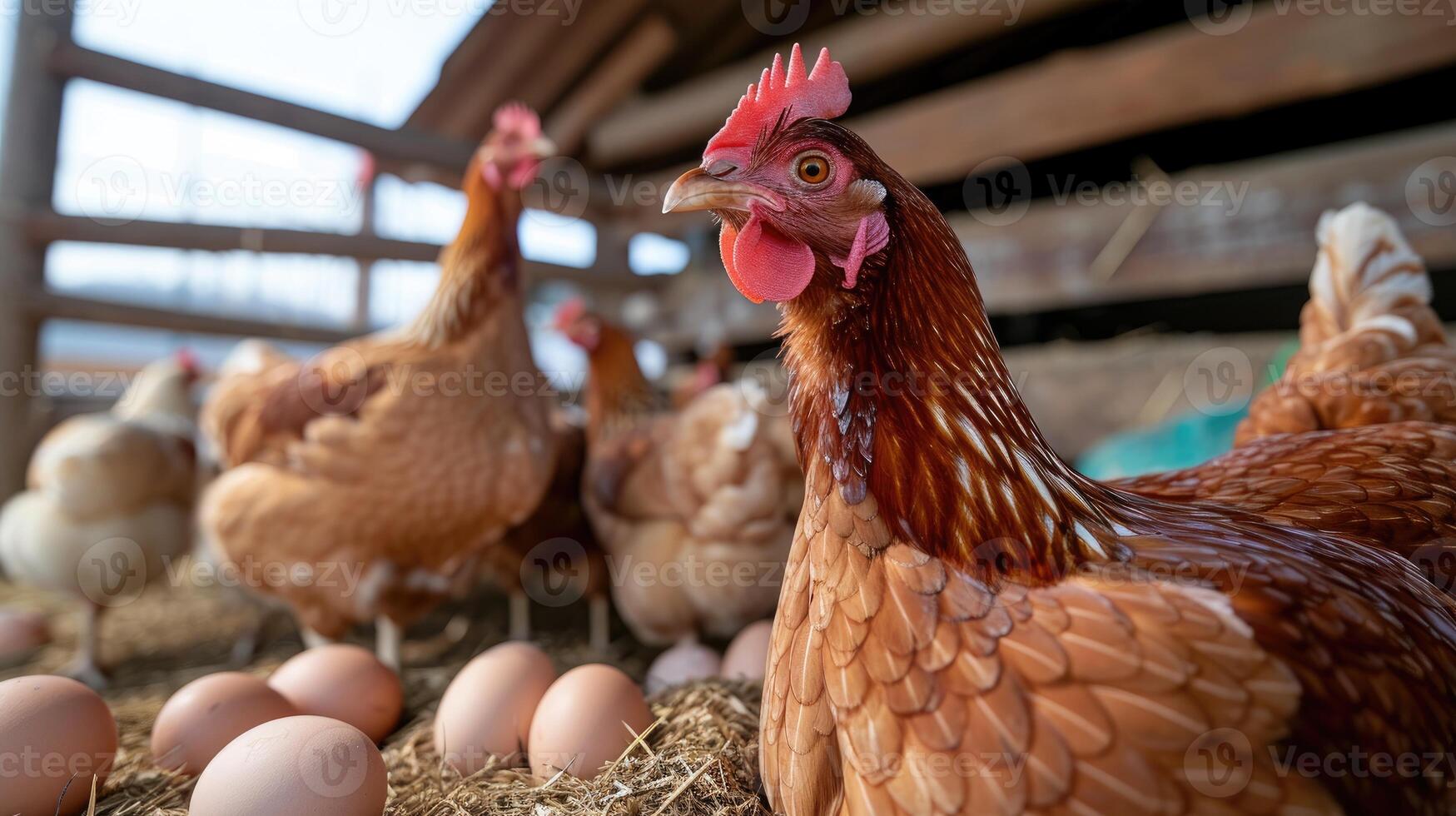 ai genererad höna lägger ägg bland kycklingar i bio bruka coop. ai genererad foto