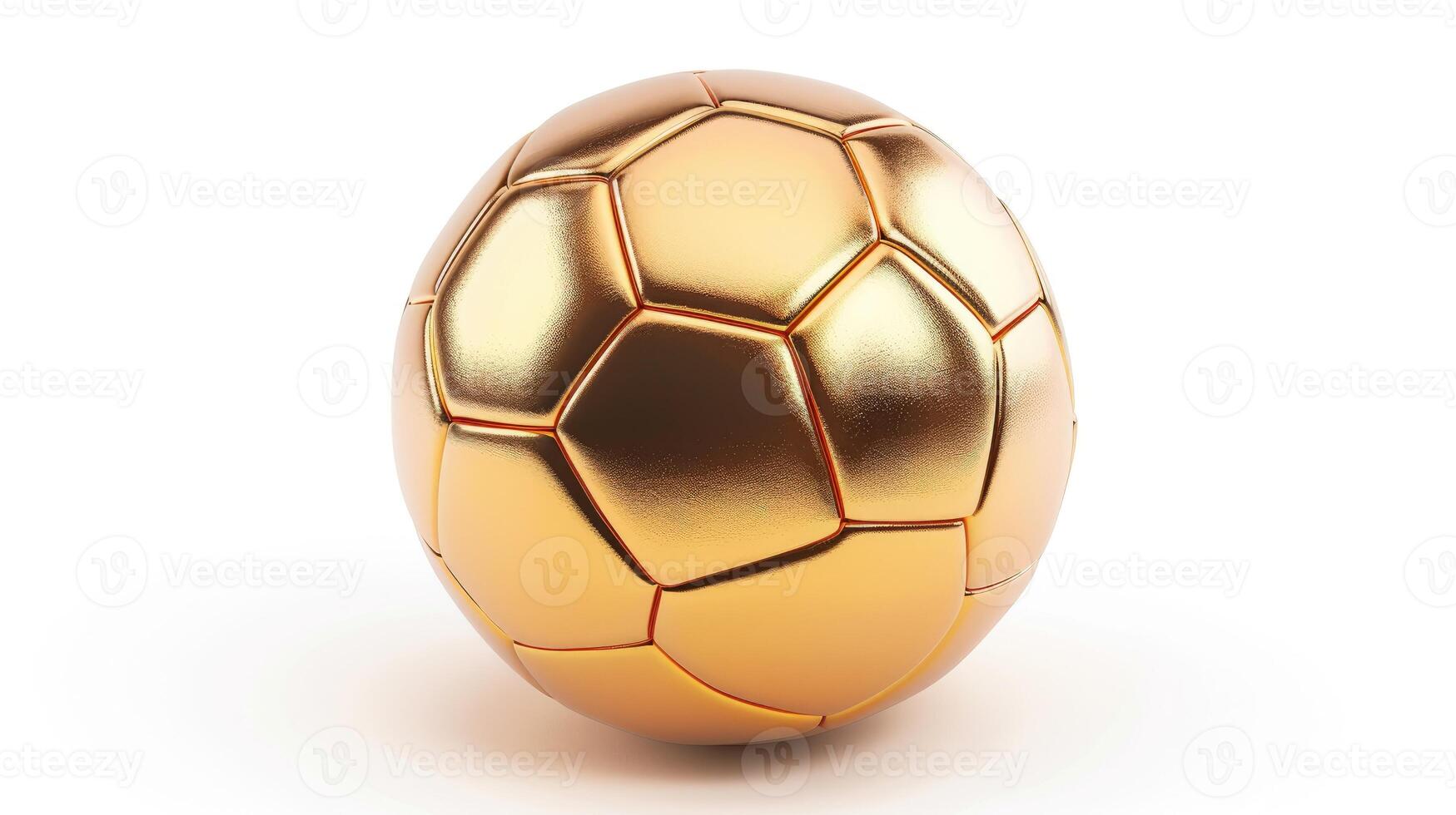 ai genererad skåda en 3d realistisk guld fotboll boll glimmande på en ren vit bakgrund, en symbol av sportslig prestige. ai genererad. foto