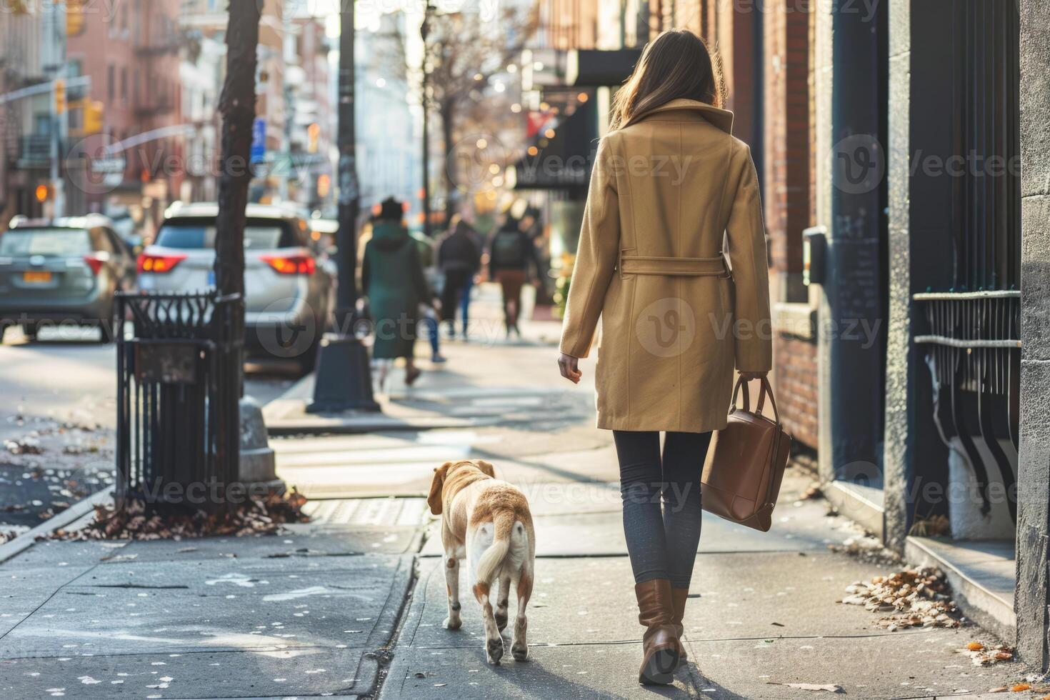 ai genererad kvinna i en modern kläder gående gående henne hund i de urban exteriör. generativ ai foto