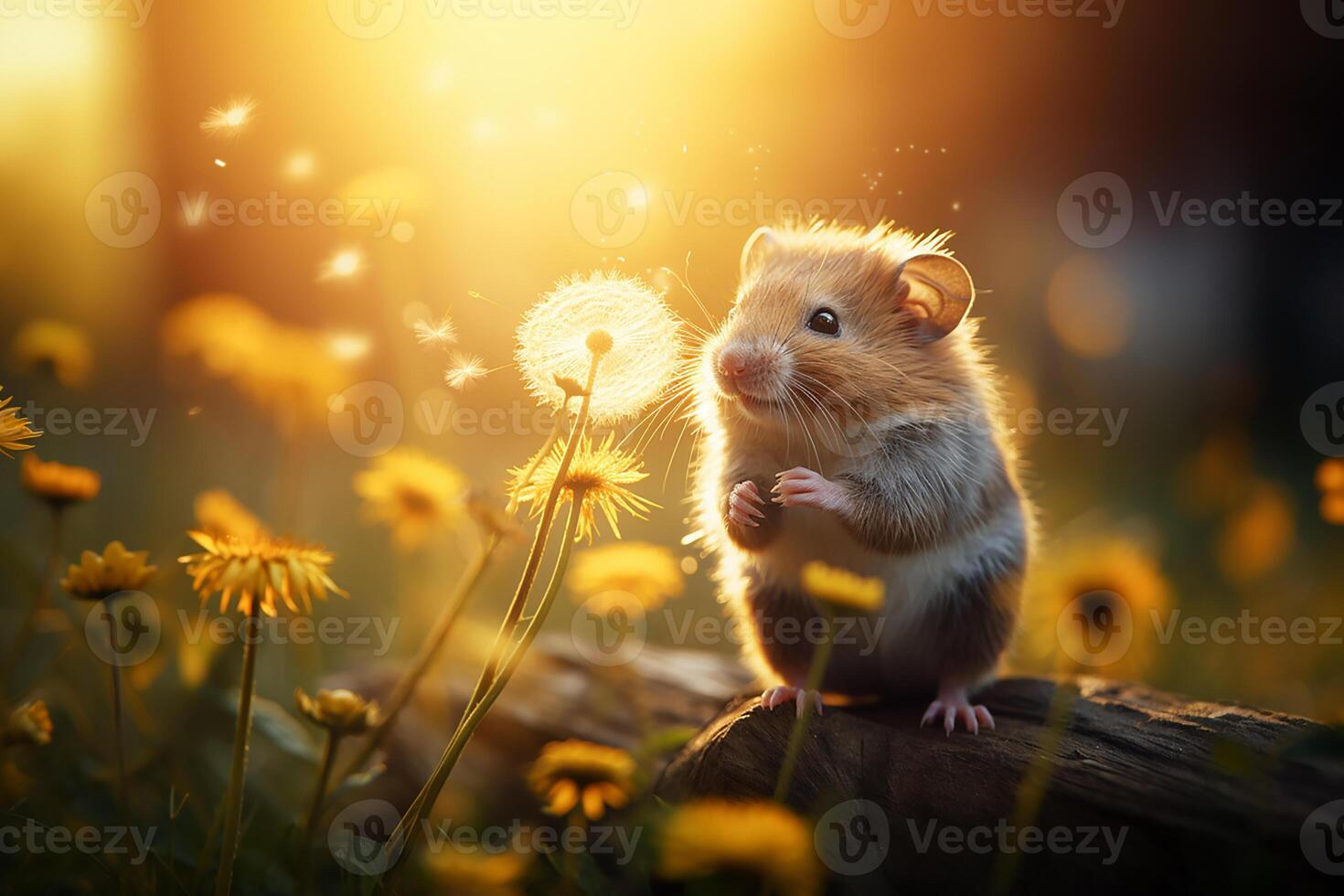 ai genererad söt hamster spelar i en blommande äng foto