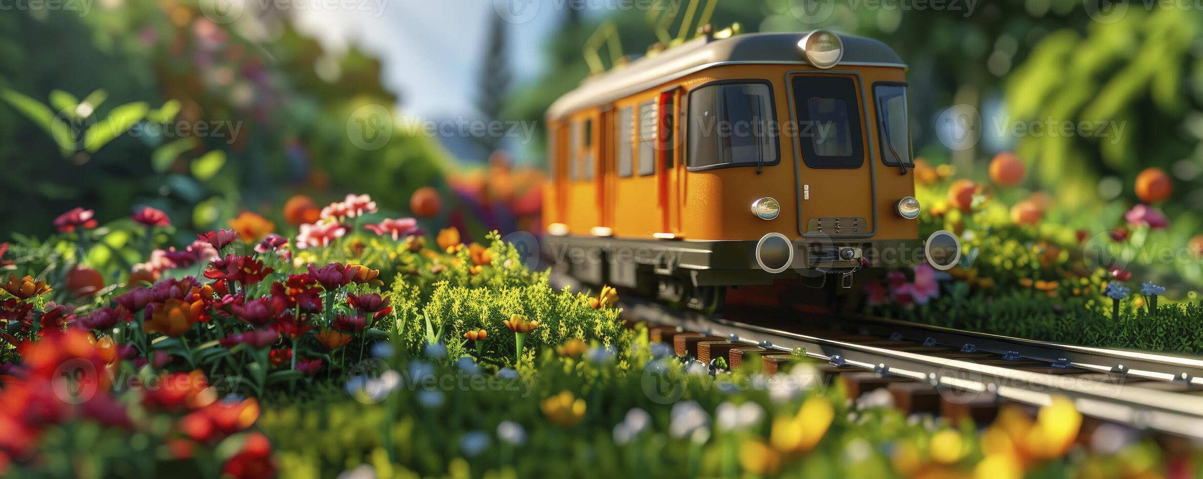 ai genererad urban oas. metro tåg glidande på spår, omgiven förbi blommor och grön gräs, skapande ett oväntat hamn i de hjärta av de stad. foto