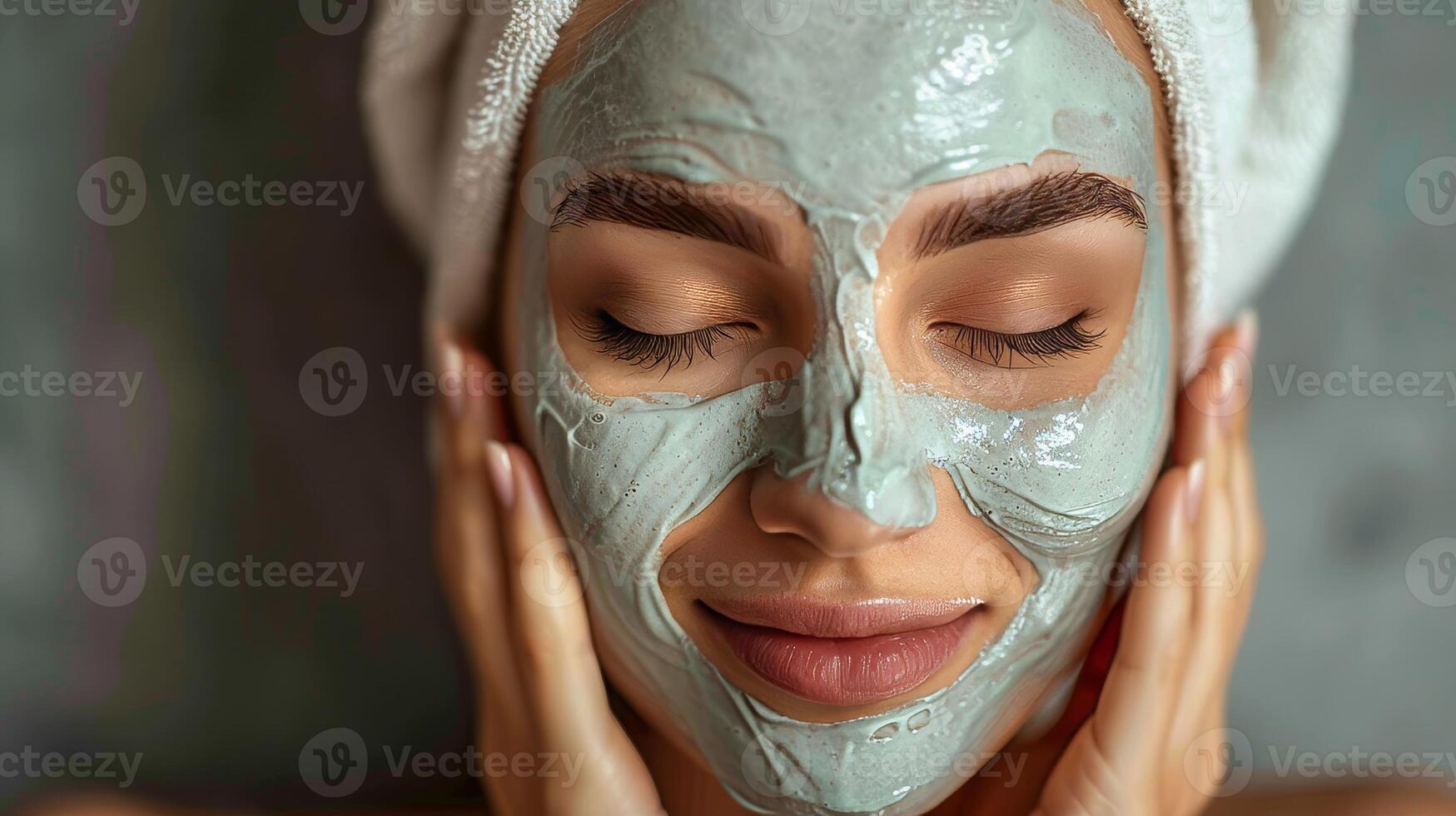 ai genererad skön ung kvinna med lera ansiktsbehandling mask på henne ansikte på Hem foto