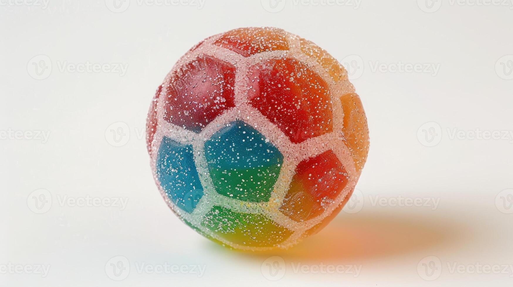 ai genererad realistisk klibbig godis formad tycka om en fotboll boll, terar tre färger, elastisk textur, och socker stänk, ai genererad foto
