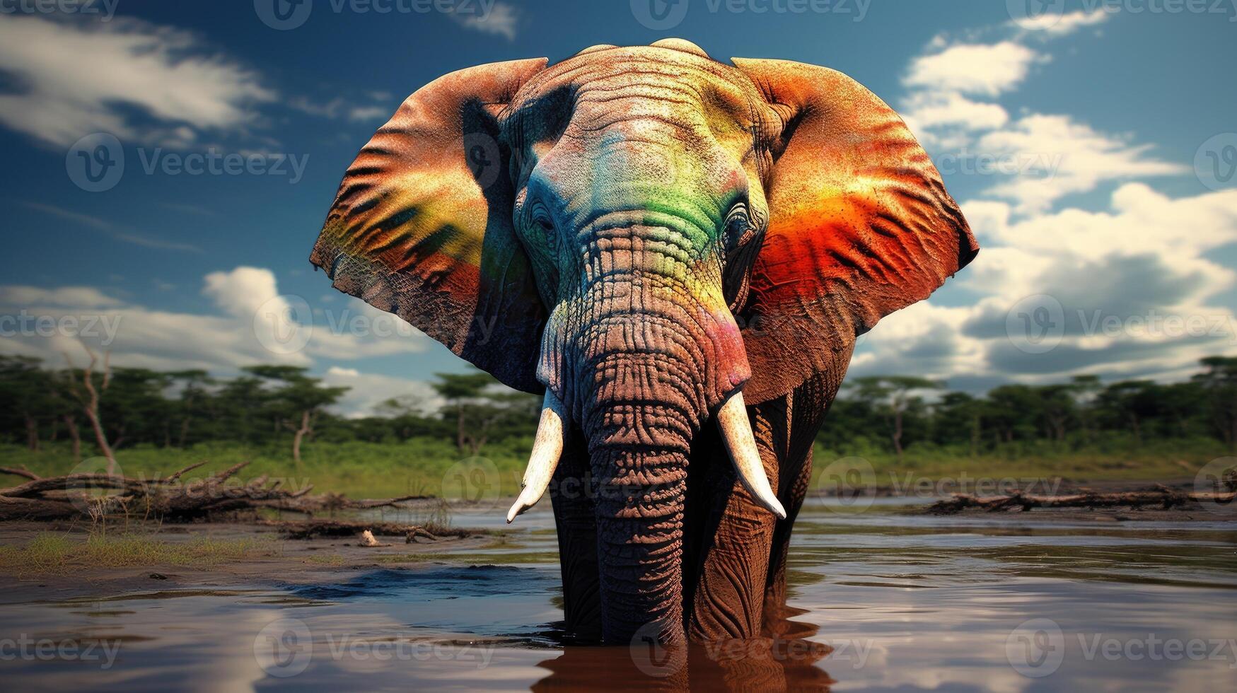 ai genererad elefant med ögon dubbelt som stor, Utsmyckad i regnbåge färger på både sidor, ai genererad. foto