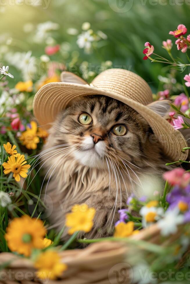 ai genererad söt fluffig katt i hatt med färsk vår blommor foto