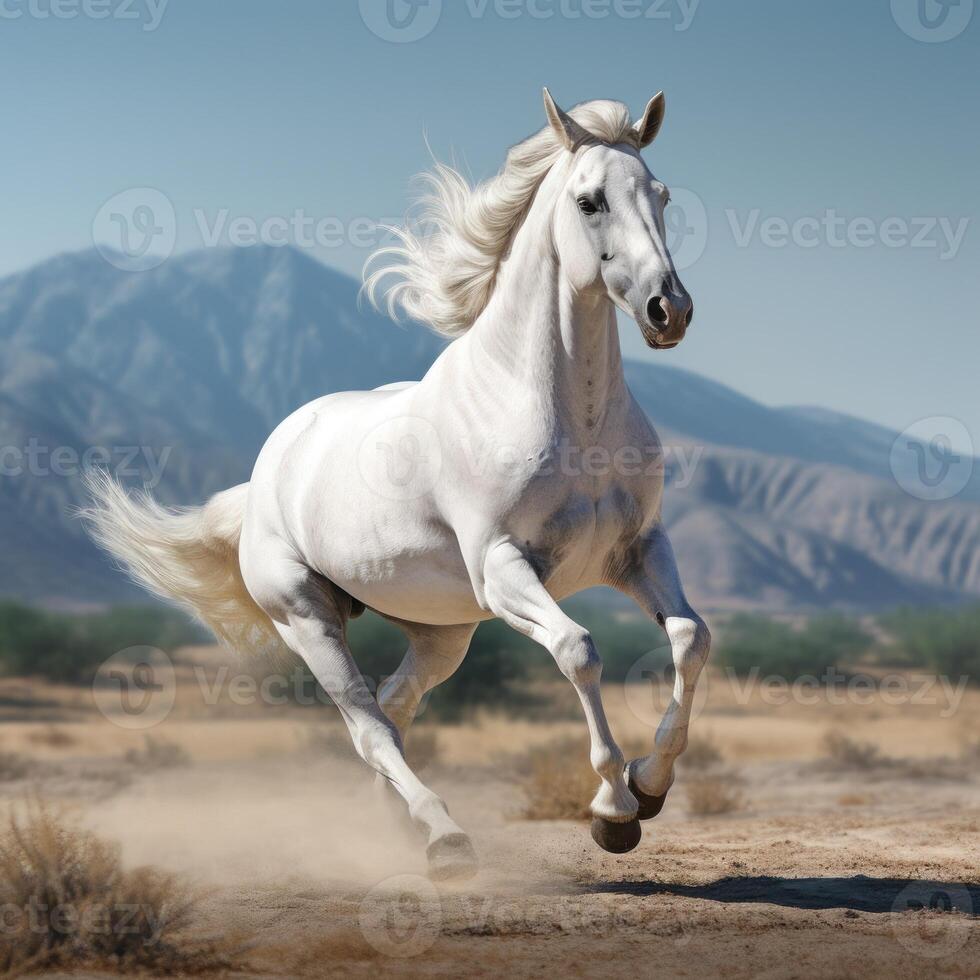 ai genererad vit häst hingst kör galopp foto