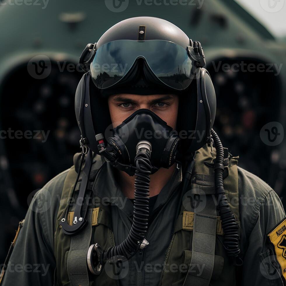 ai genererad realistisk bild av en militär flygplan pilot. innan en bekämpa uppdrag foto