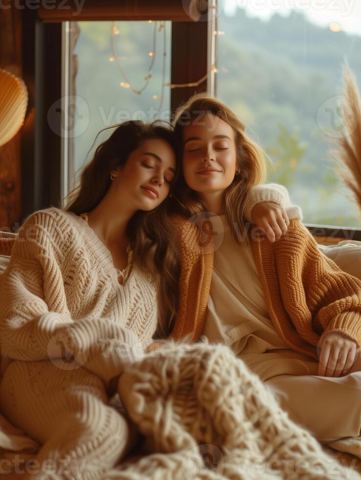 ai genererad Lycklig lesbisk par i mysigt persika Färg klädespersedlar njuter en TV serier i en avslappnad levande rum foto