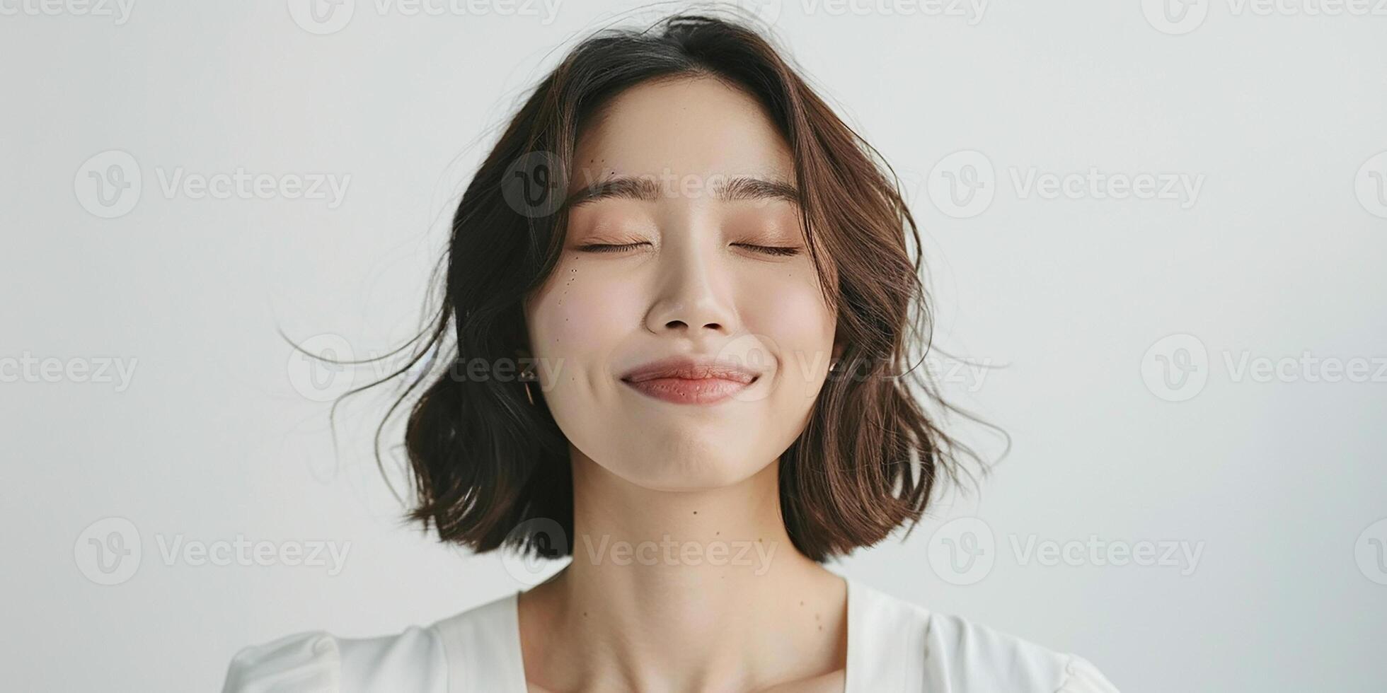 ai genererad porträtt av en Lycklig romantisk asiatisk kvinna väntar för en överraskning, med ögon stängd och leende isolerat på ljus bakgrund foto