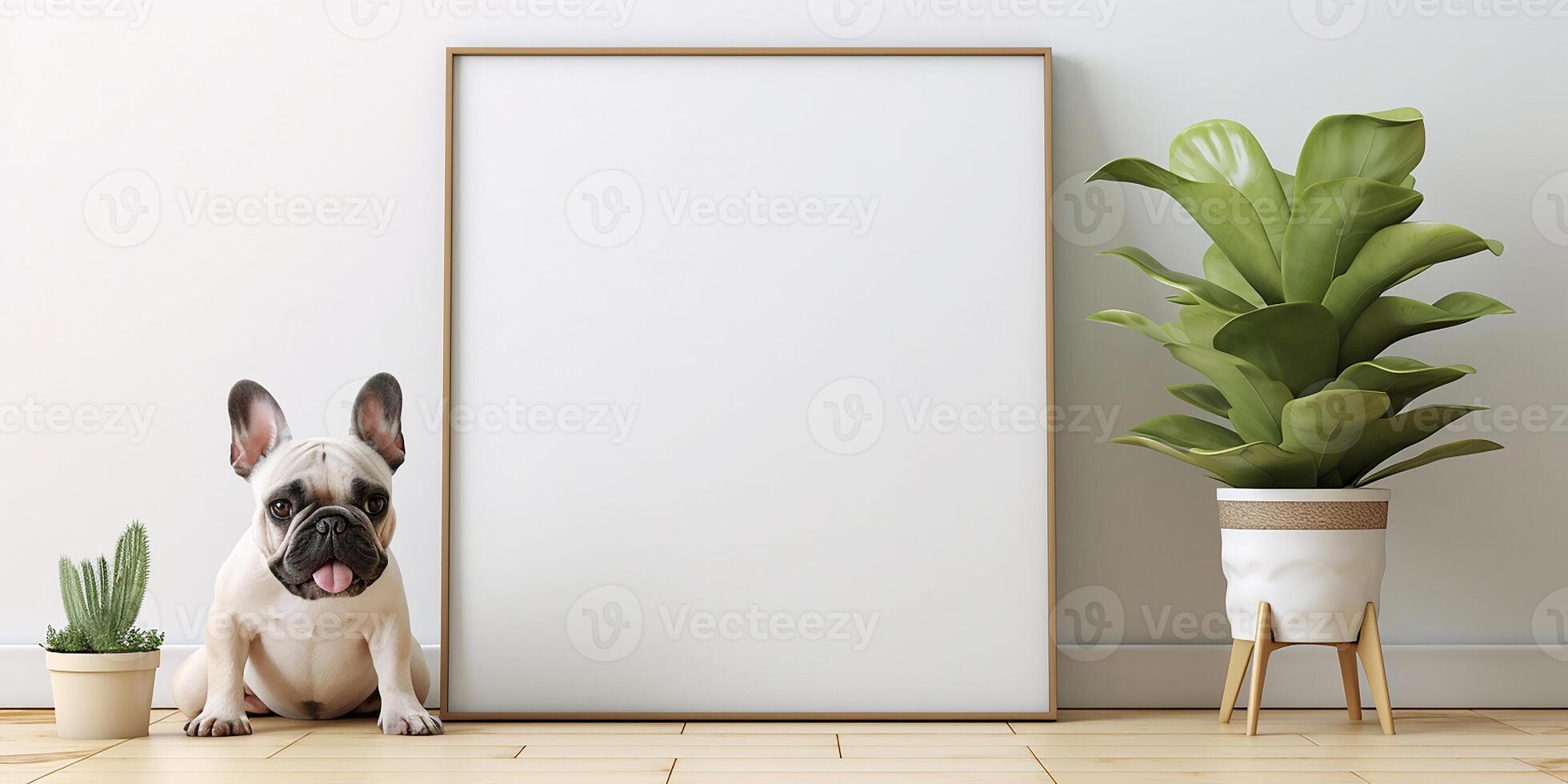ai genererad mockup, en bild i en ram står på de golv, mot de bakgrund av en vit vägg Nästa till en söt franska bulldogg hund. minimalistisk interiör foto