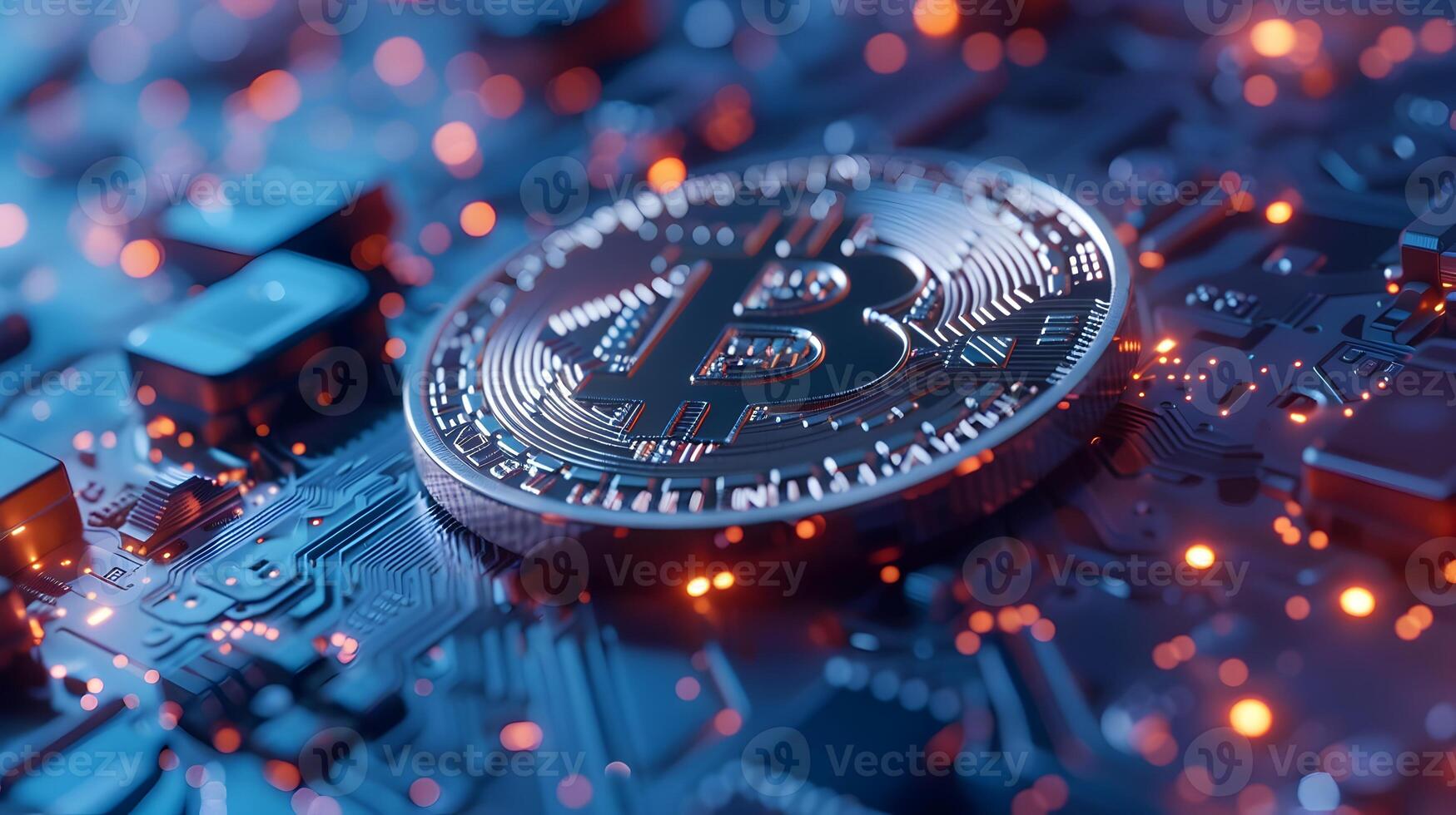 ai genererad bitcoin logotyp strålande med blockchain teknologi på en detaljerad krets styrelse foto