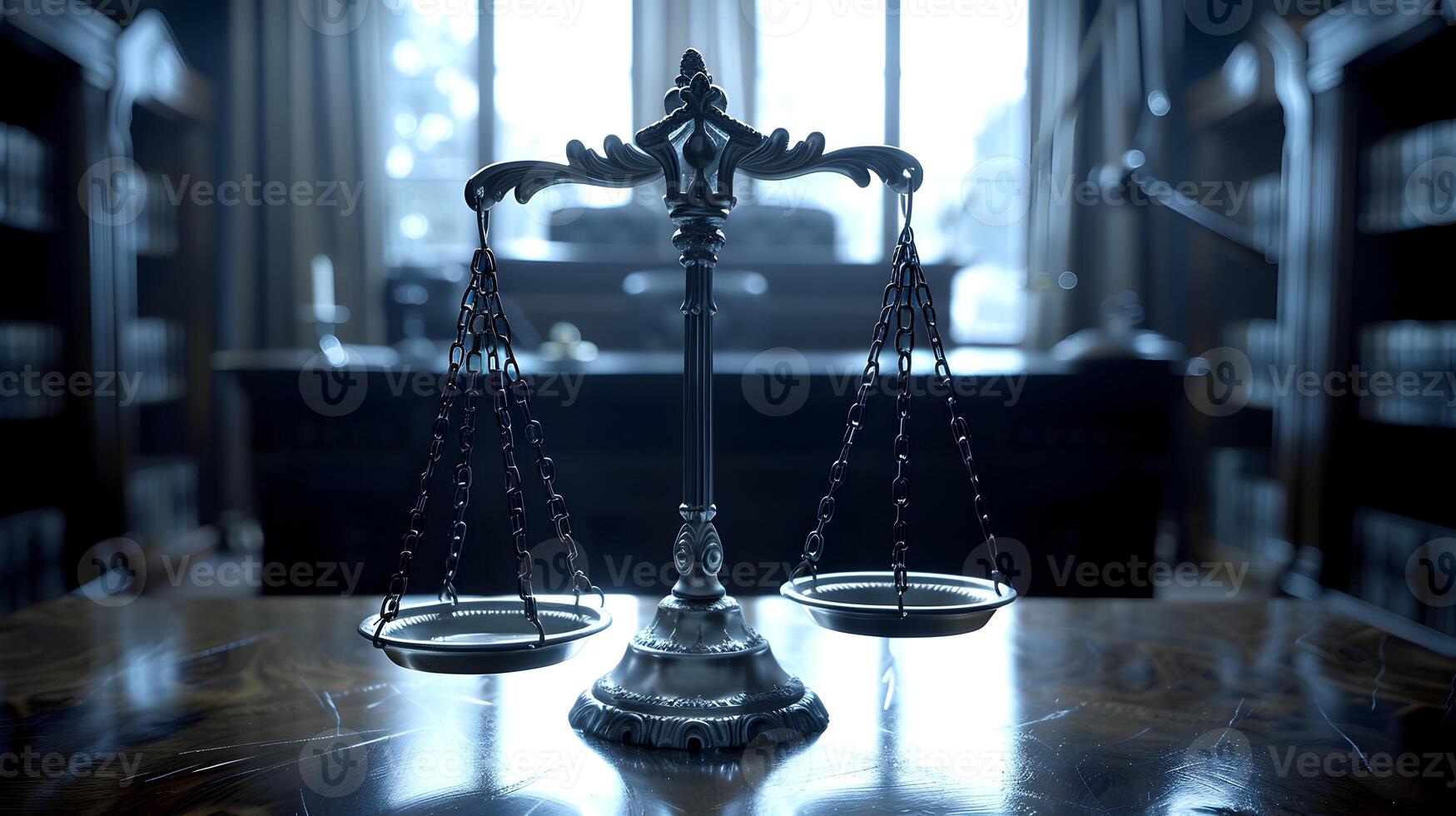 ai genererad skalor av rättvisa balanserad i en modern rättssal med mjuk belysning och rader av lag bokhyllor foto