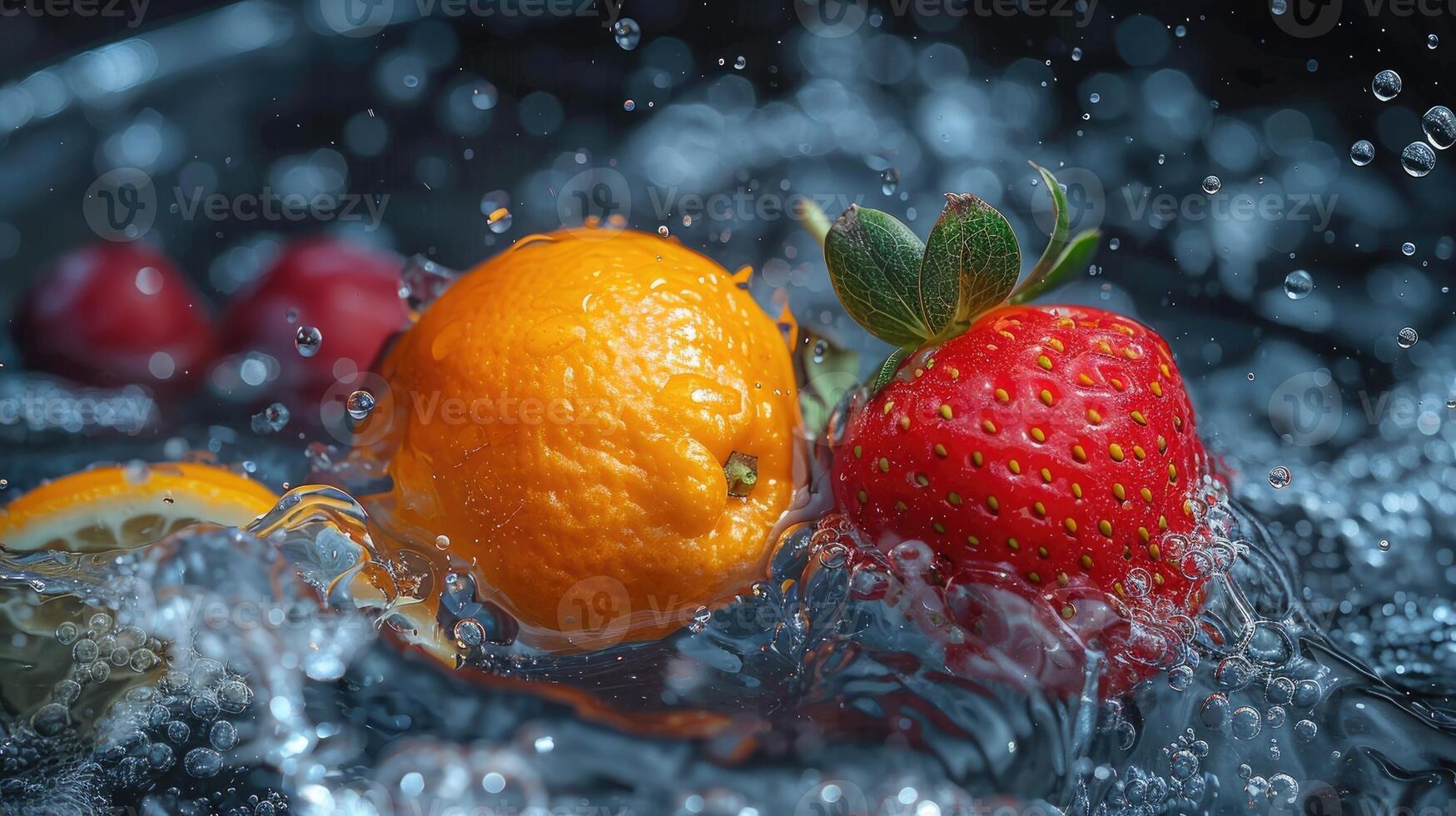 ai genererad orange och jordgubb stänk i vatten med bubblor, närbild. foto