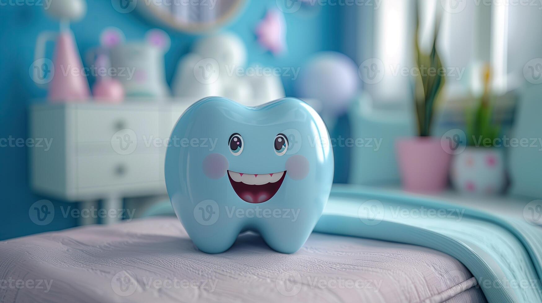 ai genererad blå leende keramisk tand i barns rum. tandvård begrepp. 3d tolkning foto