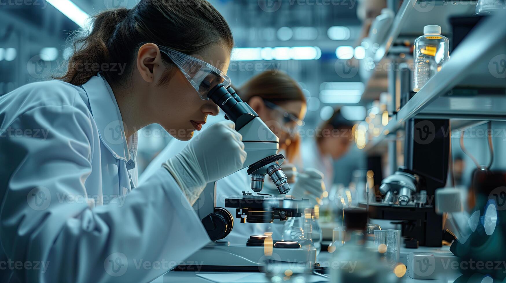 ai genererad uppmärksam kvinna forskare ser genom mikroskop medan arbetssätt i modern laboratorium. vetenskap, kemi, biologi, medicin och människor begrepp foto